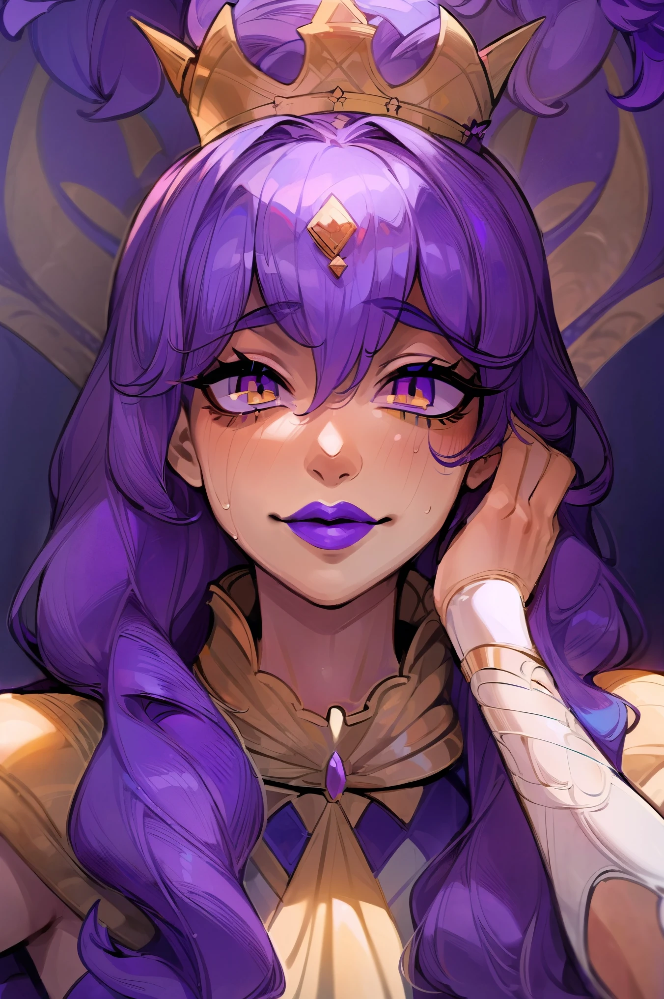 {best quality},{highly detailed},{ultra-detailed},masterpiece,1girl,solo,golden eyes,long purple hair,(((beautiful girl))),(((Queen image)),purple lipstick, Mysterious character,Queen, crown.