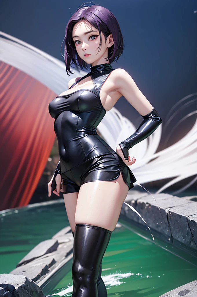 (Finest quality)),(A high resolution),(ultra-detailled art),(Meticulous portrayal),((Best Anime)),(Finest works of art),sharpness,Clear,Ultra-Precision Art,The art of astounding depiction, (Female Ninja in the Dark:1.3),
short Hair,
purple hair, vibrant purple hair, extremely detailed hair, bangs, short hair only,
pretty eyes,
beautiful eyes, detailed eyes, perfect eyes, green eyes,
pretty face,
beautiful lips, soft lips,pretty face, close up face, korean girl, korean beauty, irene, red velvet irene,serious face,
pretty nose,
beautiful nose,
clear skin,
clear skin, white skin, soft skin,
slim body,
small breasts, normal thighs, show navel, perfect body, perfect legs, perfect arms, perfect hands, sexy thighs, show her , seductive pose, human hands, seductive body, sexy body lines, prefect waist, perfect hips,
ninja clothes,
ninja outfit, black outfit, black skirt, thigh-level skirt, pretty skirt, detailed skirt, safety shorts, cycling shorts, ninja shorts, long shorts, ninja armor, female ninja suit,reveal shoulders, show slight cleavage, black top, black thigh-high socks, black arm sleeves, stylish and sexy ninja uniform
fighting pose,
looking at camera, attack pose, fighting pose,
water element,
water splash behind, in water, big water waves, standing in water, in lake, mountain behind, mountain background, water power,
perfect lightings,
extravagant lights, green and yellow lights,
super low-angle shot,
looking down,