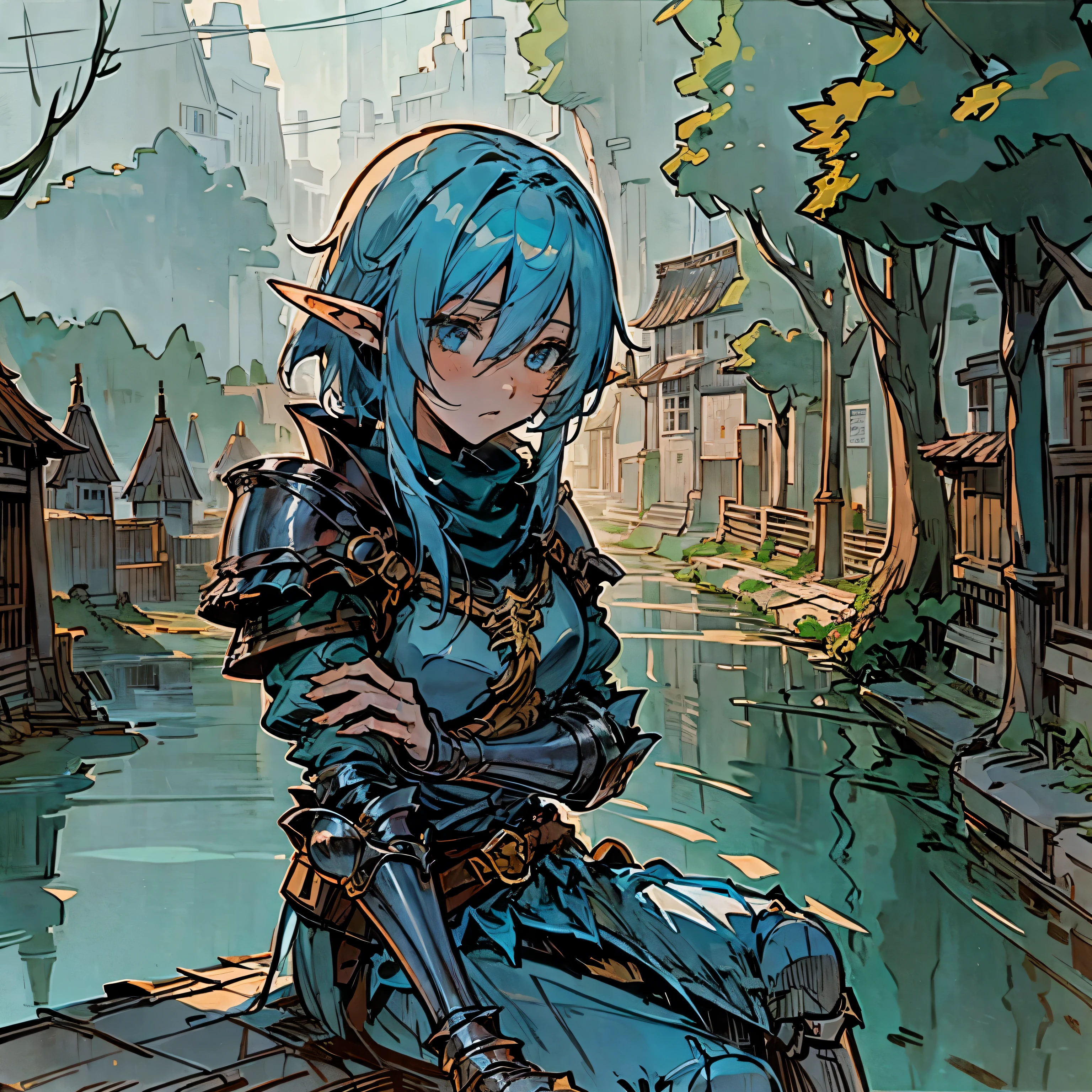 (Background: Town street, river) in the distance, sitting by a river on a bridge, Cleddyf the elf knight,Strong Female elf knight, wearing knight armor, kuudere, short light blue hair, short, neutral smile[realistic anime, detailed face, attention to face], dark fantasy, medieval fantasy