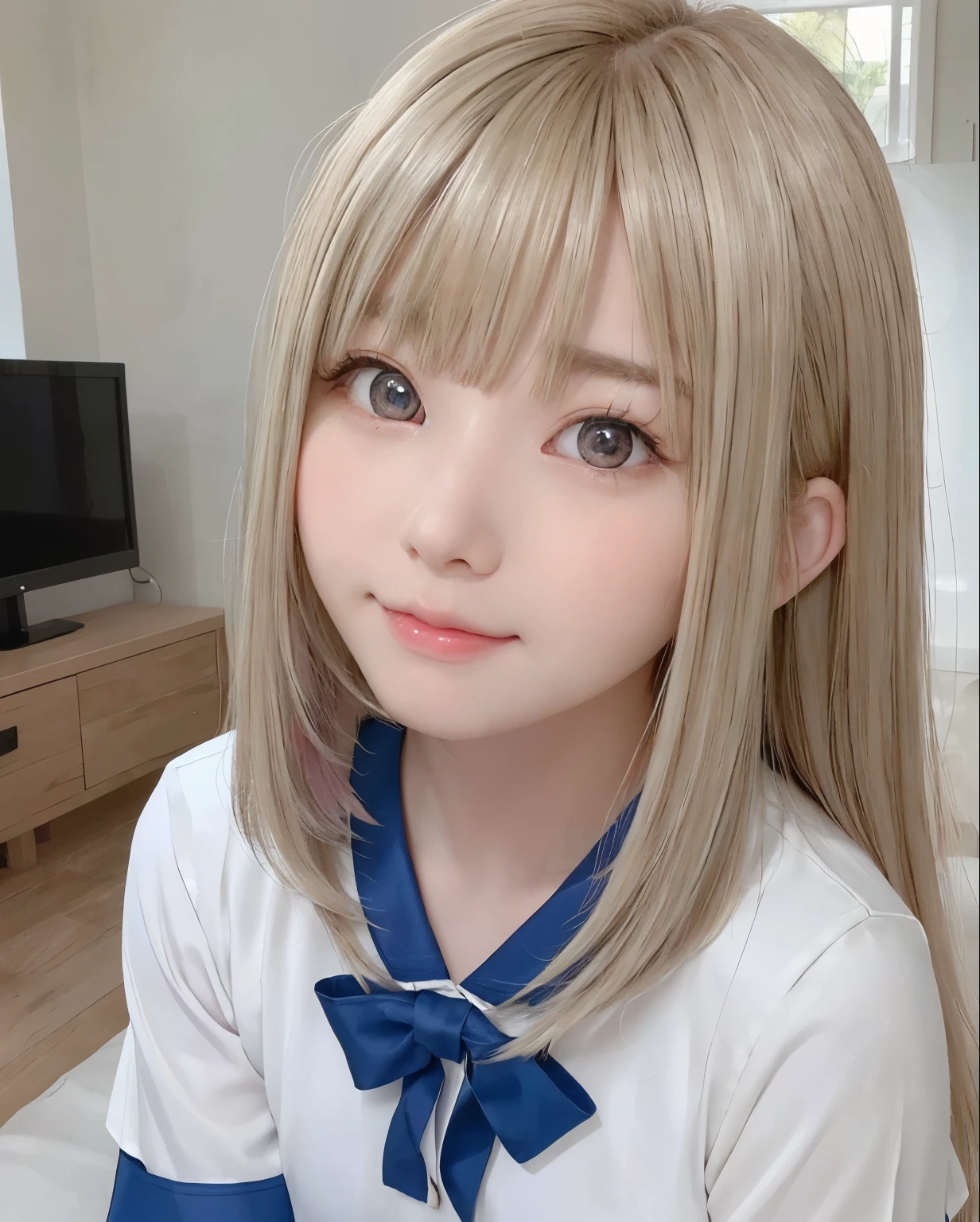Very beautiful face、Super long silky blonde hair、Swinging bangs、16 years old cute 、 (Eyes with different colors on the left and right:1.5)、A very cute and pure girl、真っ白な美Fresh skin、A youthful glow on your cheeks々Fresh skin,、、Sailor suit、Bright expression、Back view