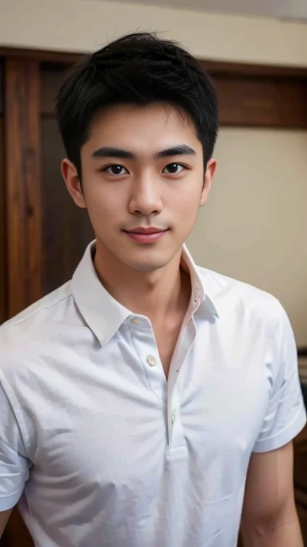 (((male))), 29 years old, Japanese, HD, True-to-life imagery, Upper body composition, The face is illuminated, Black short straight hair, Sharp eyebrows, Squinting,With a hint of cunning, Pointed nose, Thin lips smile, Wearing fashionable and casual light blue round neck TSHIRT,Roll up your sleeves,, Background is a modern office environment,
