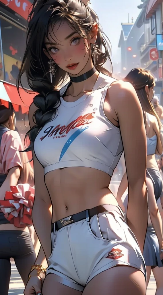 masterpiece,top quality,1 cute girl,very sparking silber metallic tyte fitting logo-printed cheerleader uniform,choker,silber long ponytail hair,slim west,ultra biggest large brest,event information lady,cheerleader,red tieek,open mouth,looking lingerie,brest squeeze ,big open legs,welcome pose,amusement shopping street,many looking beauty girls,