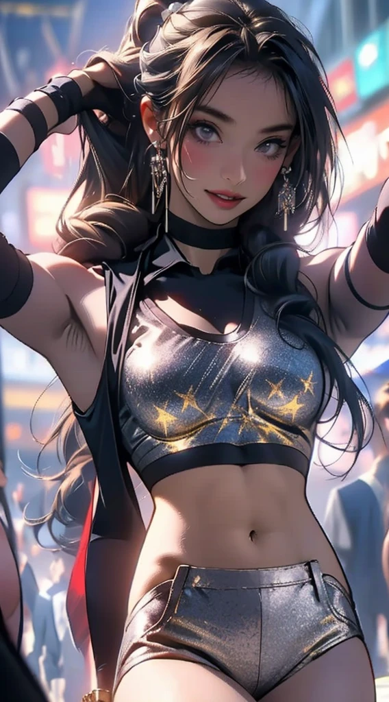 masterpiece,top quality,1 cute girl,very sparking silber metallic tyte fitting logo-printed cheerleader uniform,choker,silber long ponytail hair,slim west,ultra biggest large brest,event information lady,cheerleader,red tieek,open mouth,looking lingerie,brest squeeze ,big open legs,welcome pose,amusement shopping street,many looking beauty girls,