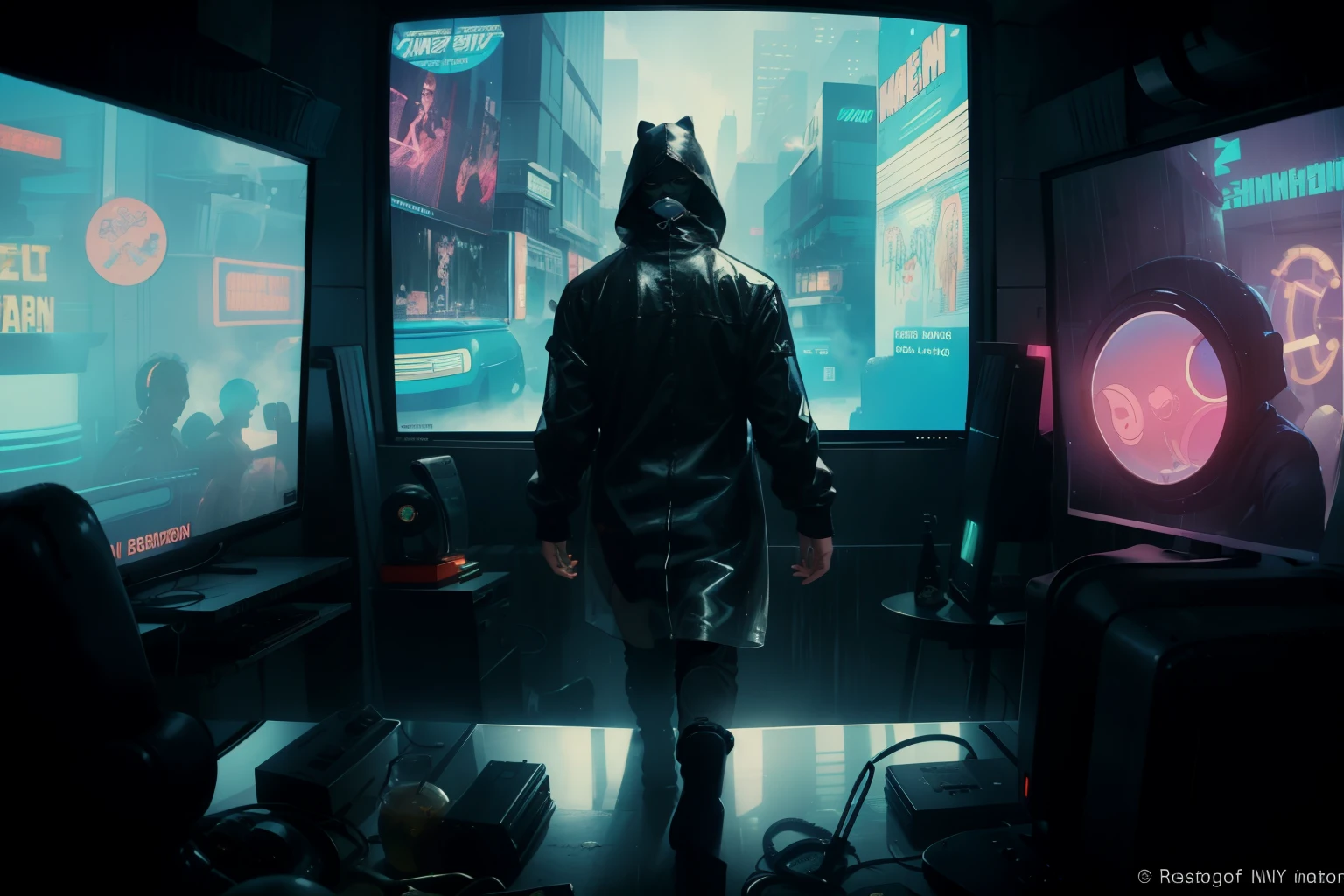 ((highest quality)), ((masterpiece)), (be familiar with), (High definition), (Accurate), (Realistic), (Cinematic), (Best Shadow), (Low contrast), (8K), Perfect Face, ((SYD MEAD style)), manga、mangaデザイン、Storyboard、Panel layout、(Woman looking at a large monitor), (Replicant), (Replicant), ((Black Hair, very short hair, Blue Eyes)), (Black hooded raincoat), (The monitor shows an image of myself)、Glittering neon signs、congestion, congestion, Decadent Future City, NEO TOKYO, A.D.2051, (steam:1.2), It's raining white, evening, 