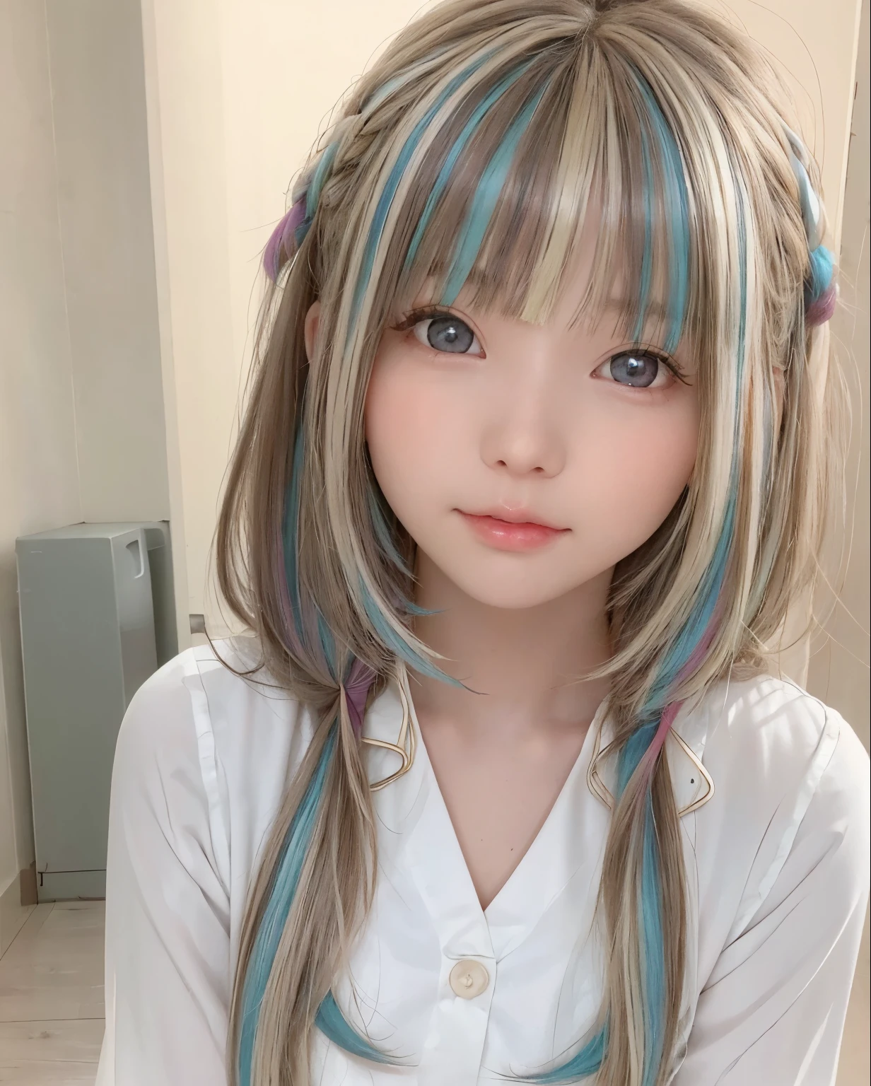 Very beautiful face、Super long silky blonde hair、Swinging bangs、 cute 、 (Eyes with different colors on the left and right:1.5)、A very cute and pure girl、真っ白な美Fresh skin、A youthful glow on your cheeks々Fresh skin,、、Sailor suit、Bright expression、Back view
