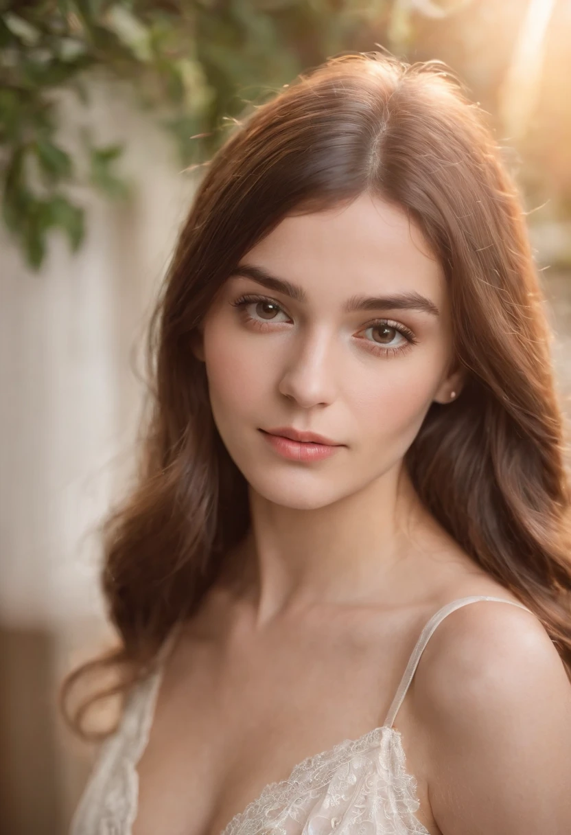 A photorealistic portrait of a 19-year-old french girl with long, flowing brown hair with a bang and striking brown eyes. She should have a natural, approachable expression and be illuminated by soft, golden-hour sunlight. Boudoir photography sexy lingerie