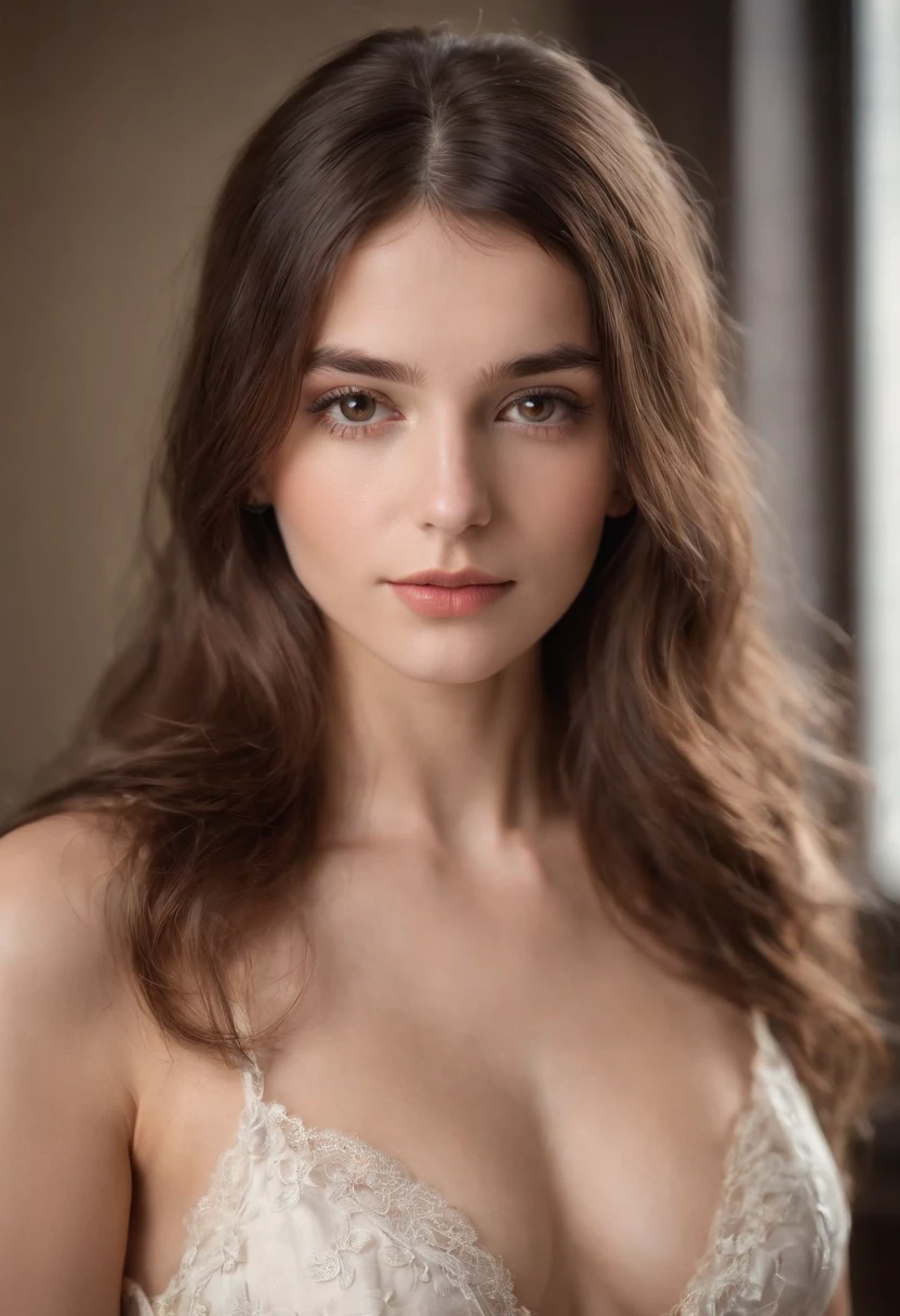 A photorealistic portrait of a 19-year-old french girl with long, flowing brown hair with a bang and striking brown eyes. She should have a natural, approachable expression and be illuminated by soft, golden-hour sunlight. Boudoir photography sexy lingerie