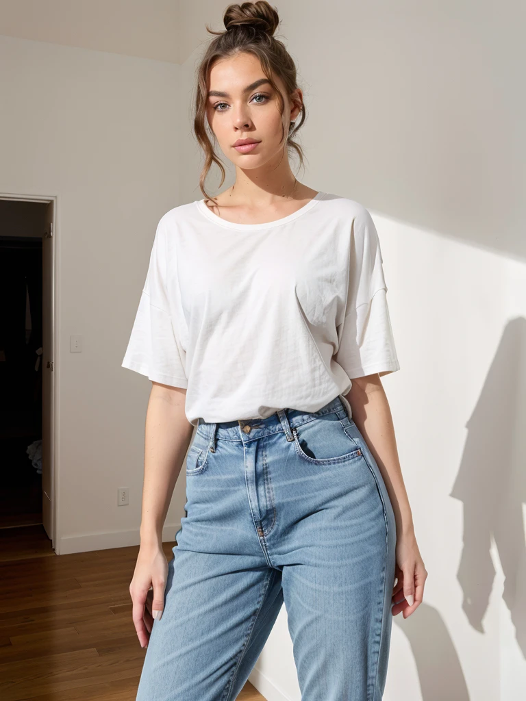 Kira Hope with brown hair and blue eyes, thick eyebrows, big width lips, messy bun, natural lighting, daylight with shadows, dimmed light, dimmed room, effortlessly chic, natural look, natural make-up, standing in a room, white plain wall as the background, wearing oversize t-shirt and jeans, standing still, no pose, arms behind the back, raw, mobile phone quality, full body photo,