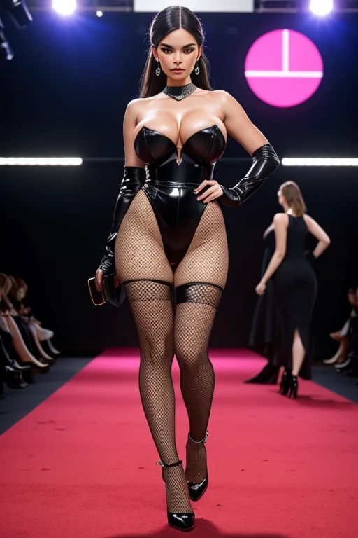 huge breasts perfect ass beauty posing like a pornstar high-fashion model on the runway of an avant-garde show, her outfit a bold statement piece that challenges the norms, setting the trend for the season’s hottest color and style