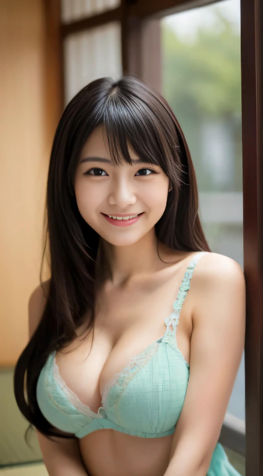 masterpiece,best quality,(Japanese ),((Beautiful girl)),cleavage,indoor,(perfect body beauty:1.2),(shy smile),beautiful teeth,