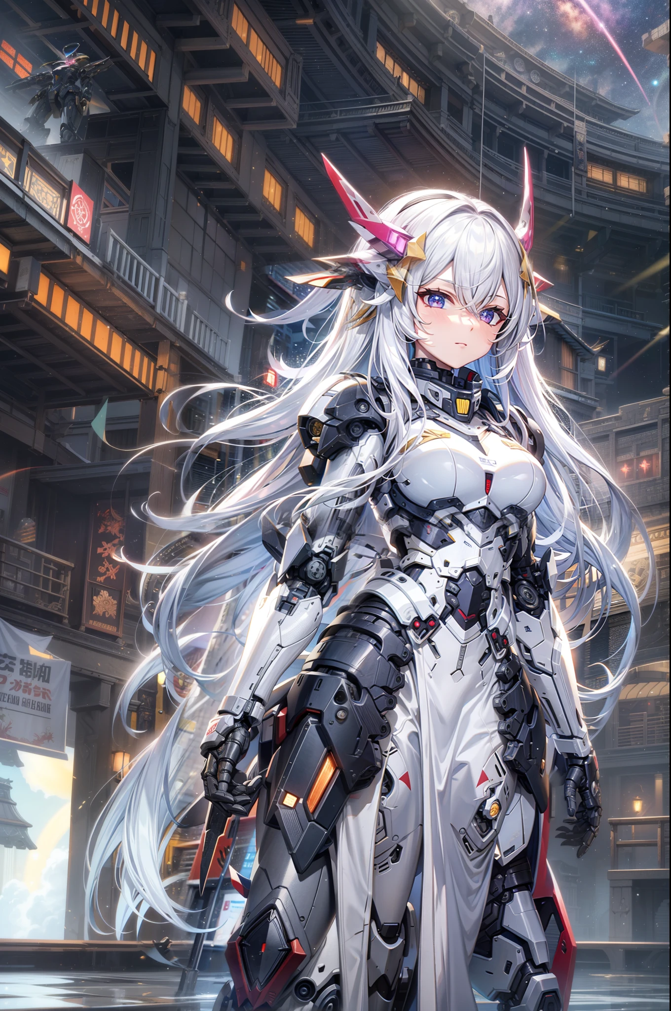 masterpiece,best quality,ultra-detailed,very detailed illustrations,extremely detailed,intricate details,highres,super complex details,extremely detailed 8k cg wallpaper,cowboy shot, caustics,reflection,ray tracing,demontheme,nebula,dark aura,cyber effect, (1girl:1.4),solo,alone,mecha musume,mechanical parts, robot joints,single mechanical arm, headgear, mechanical halo,star halo,intricate mechanical bodysuit, mecha corset, full armor, very long hair,white hair, hair between eyes, multicolored hair, colored inner hair, red eyes,glowing eye,eye trail, random expressions,random action, ancient japanese architecture,pond, starry sky,skyline,