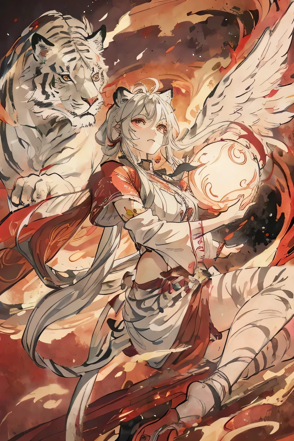 White Tiger God,Mythical,Big Wings,The eyes glow red,There is a white tiger in front of the woman,The wings are red