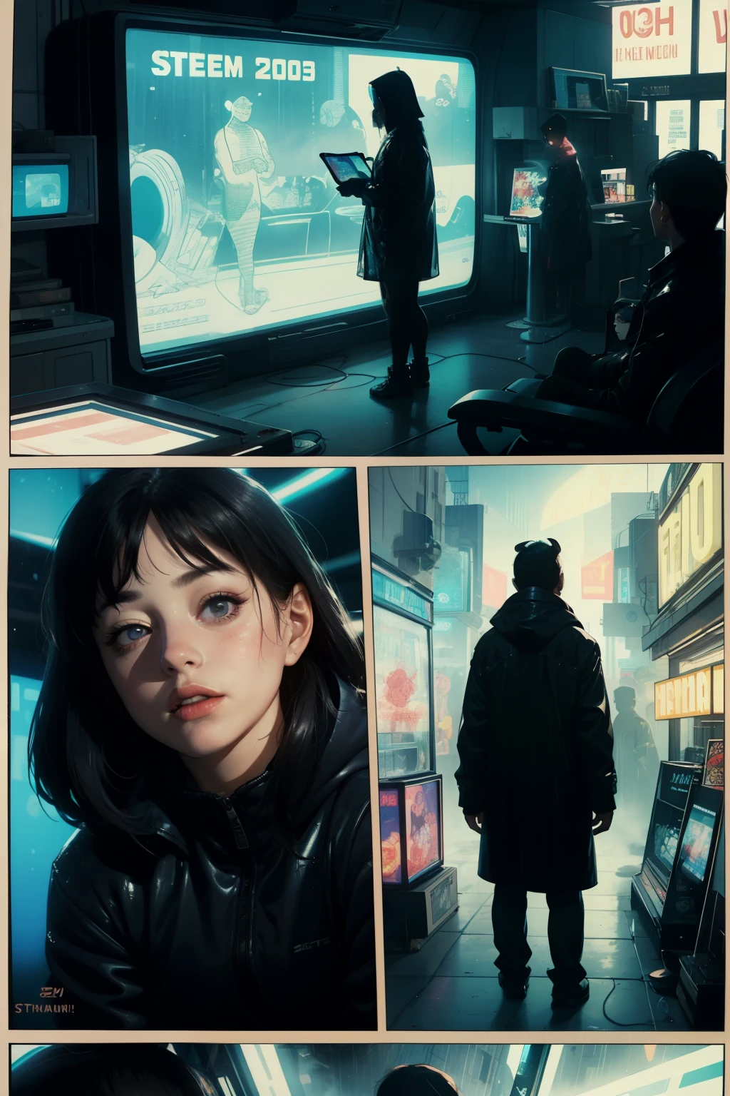 ((highest quality)), ((masterpiece)), (be familiar with), (High definition), (Accurate), (Realistic), (Cinematic), (Best Shadow), (Low contrast), (8K), Perfect Face, ((SYD MEAD style)), manga、mangaデザイン、Storyboard、Frame division、((A female Replicant eating a udon))、((Replicant, Black Hair, very short hair, Blue Eyes)), (Black hooded raincoat)、((Udonya food stall))、Glittering neon signs、congestion, congestion, Decadent Future City, NEO TOKYO, A.D.2051, (steam:1.2), It's raining white, evening, (Close-up of face)