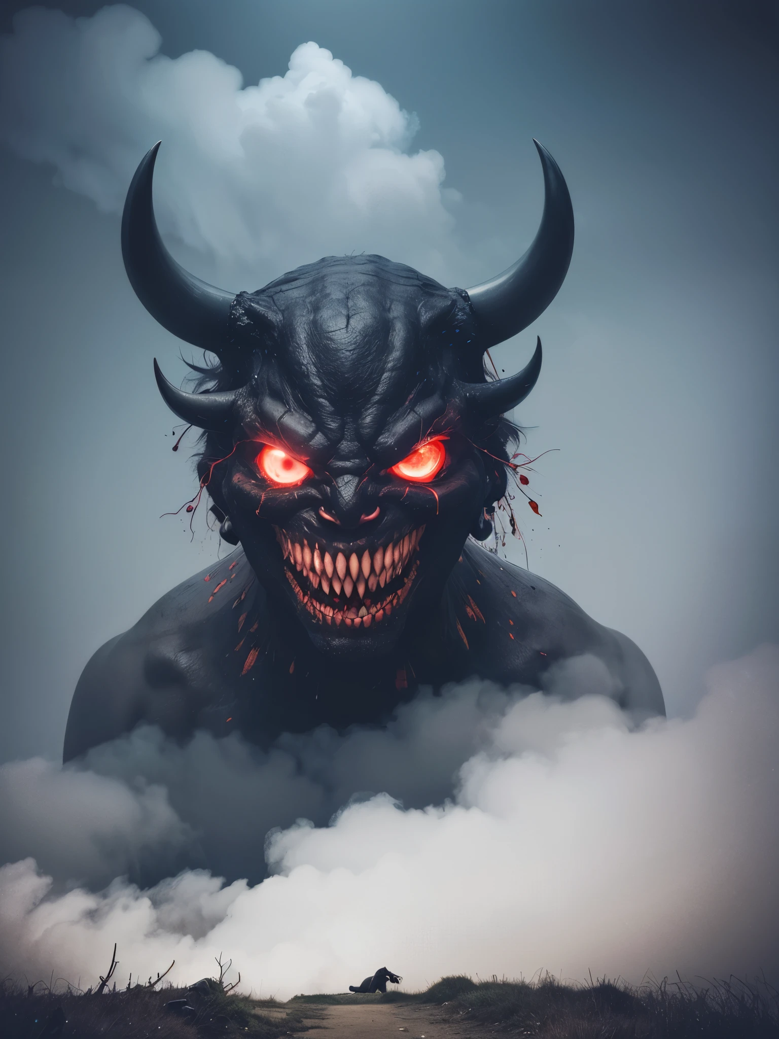 an awful bull, red fired eyes, full body, 
horror, broken, distorted, sky, fog, smoke, dark forest, 
Junji Ito, 
masterpiece, ultra high res, high quality,