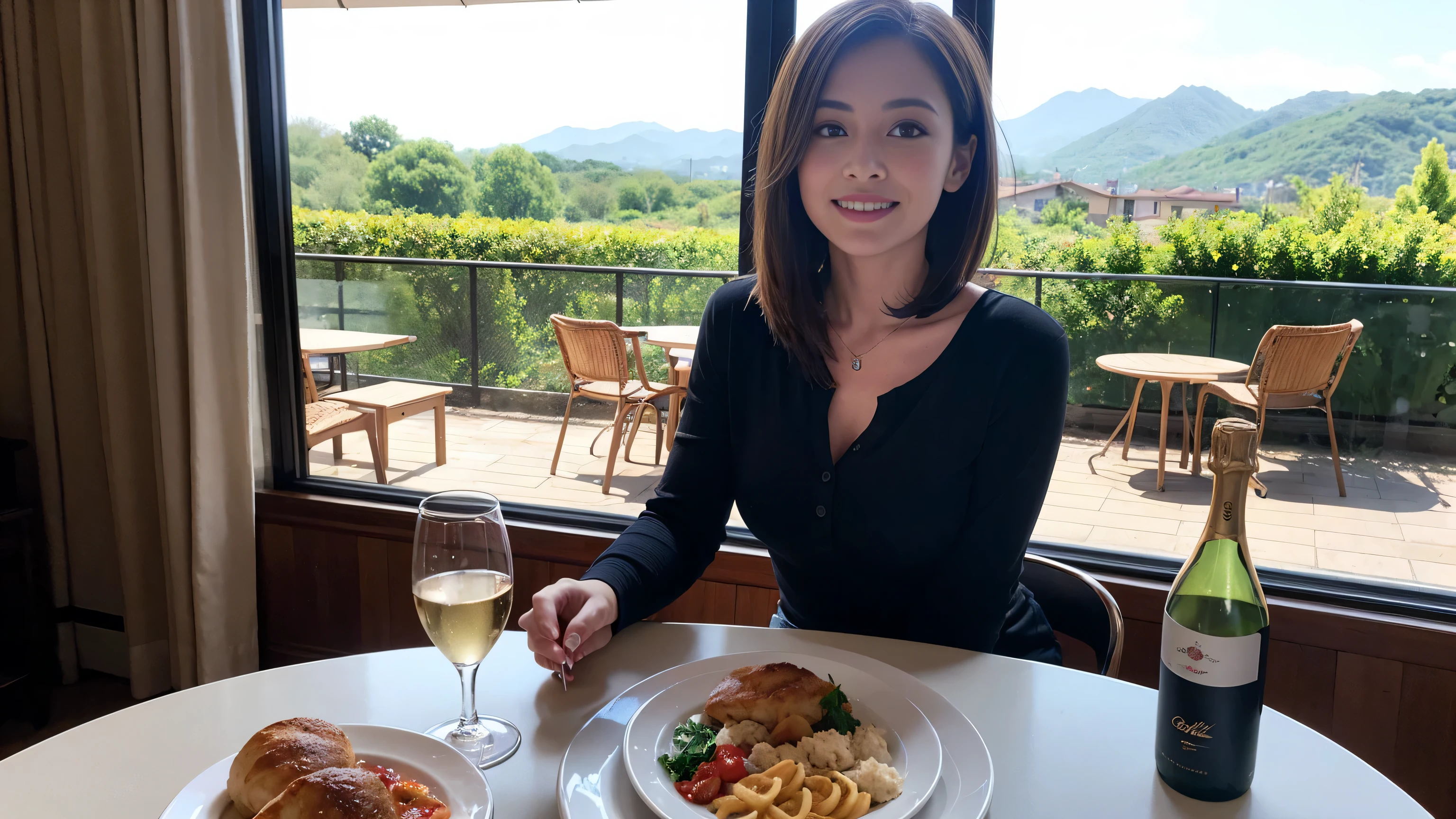 ((highest quality、8k、masterpiece:1.3))、Sharp focus:1.2、Beautiful woman perfect body:1.4、Slim body、((Bob Hale、Straight hair:1.2))、(to be born, highest quality, masterpiece:1.5), (Realistic, Intricate details:1.2), Ultra-high resolution, Shine light on your face、Spectacular view of the sunset sky and clouds、Amazing mountain views、A bright smile、wine glass、red wine 、Appetizer、Italian food、Wine bottle、Champagne、sparkling wine、, Beautiful Face, blue eyes, The light shines on your face, Blushing, short hair,Bright Face、Fox face、 (42 years old), 40 years old, Lady、Two beauties、Brown Hair、Shortcuts、Long sleeve shirt、dress、Pretty Woman 1, (slim face), (The body is slim), (Brown Hair), (Shortcuts), cheeks turn a little red,Attractive beauty、, Out of the window, A beautiful and detailed night view unfolds.........., restaurant, In a prominent place (From the waist up) Nova Frog Style, actress, model, Upper Body, White wine, slim, wine glass, A wine glass placed in the middle, smile, (smile: 1.15), Beautiful fine grain, Depth f/2,saturation, High Contrast, Strong light and shadow,Moist Body:1.5、3D texture、Delicate eyes、Brown Hair、The hair is very shiny、