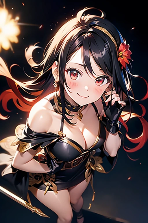 yor briar, anime style beutiful woman, 1girl,full body, happy, smile, red face, closed mouth, beautiful detailed eyes, super detailed skin, backlighting, bare shoulders, black background, black dress, black gloves, black hair, breasts, dress, earrings, fingerless gloves, floating hair, floral print, flower, gloves, gold earrings, gold hairband, hair flower, hair ornament, hairband, holding, holding weapon, jewelry, large breasts, long hair, looking at viewer, off-shoulder dress, off shoulder,red eyes, short hair with long locks, sidelocks, solo, spikes, thighs, two-sided dress, two-sided fabric, weapon, fighting stance , face, close up, from above, highest quality, high resolution.
