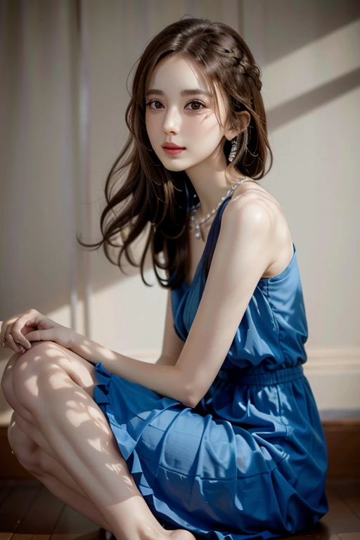 Sweet Girl Clothes 2,Pearl Necklace,Blue clothes,flower,  ((whole body)), ((From the side)), ((Realistic)), 1 girl, Photo pose, In the room, mechanical, Sitting pose, Beautiful feet, The upper body leans forward slightly, Looking at the audience, Detailed Scene, curly, water, Beautiful hair accessories, Brownish yellow hair, light makeup, blush, Lip gloss, (Campus Style), Warm Light, Warm color palette, detailed details, Very detailed, (masterpiece, highest quality),  (This is a very delicate and beautiful piece.), Delicate earrings, Delicate necklace,  Simple blur background, Extreme Detail, Ultra-fine painting, Delicate face, Slim and toned body, (Grin, happy Grin, Bare your teeth), (Correct Anatomy)