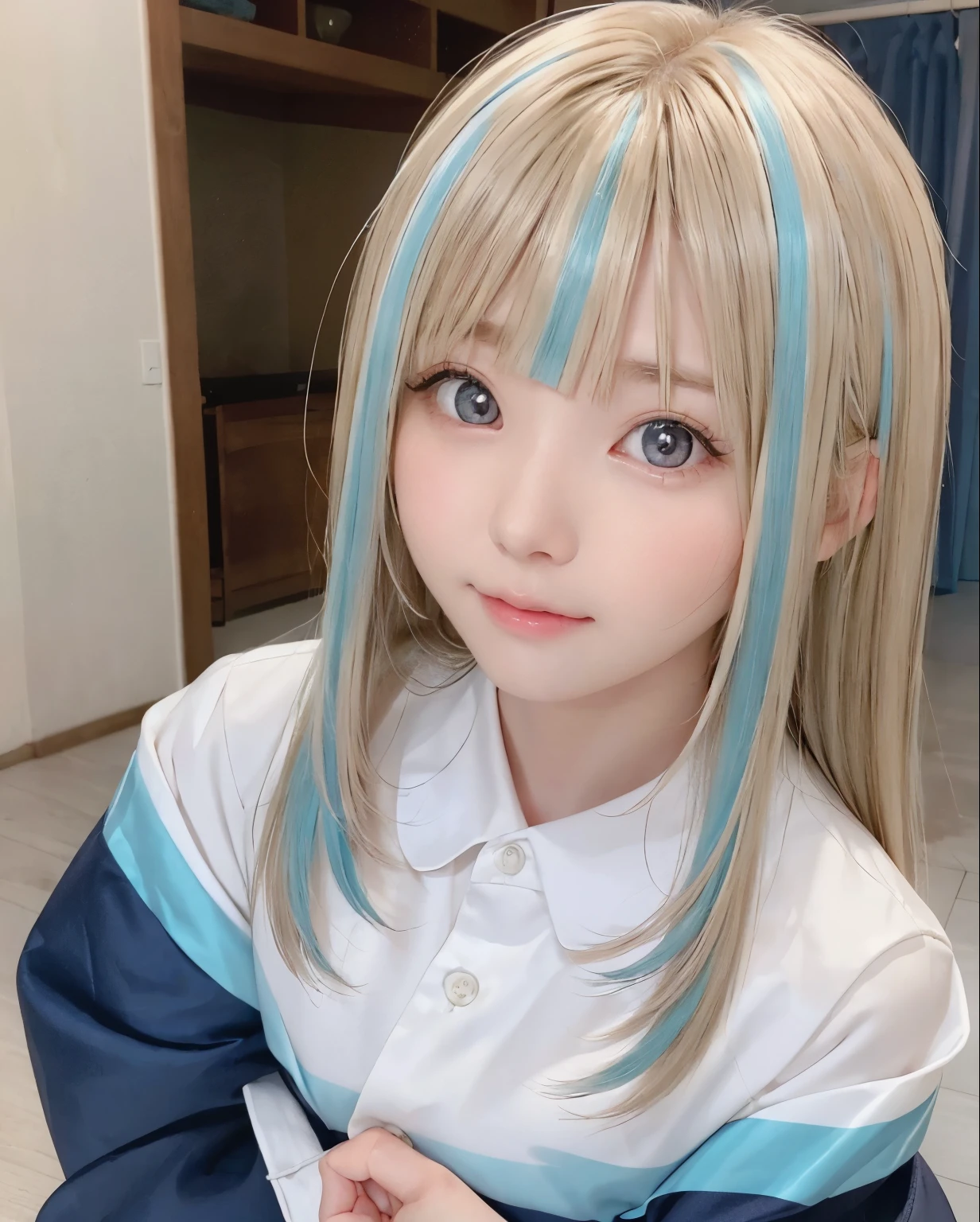 Very beautiful face、Super long silky blonde hair、Swinging bangs、 cute 、 (Eyes with different colors on the left and right:1.5)、A very cute and pure girl、真っ白な美Fresh skin、A youthful glow on your cheeks々Fresh skin,、、Sailor suit、Bright expression、Back view