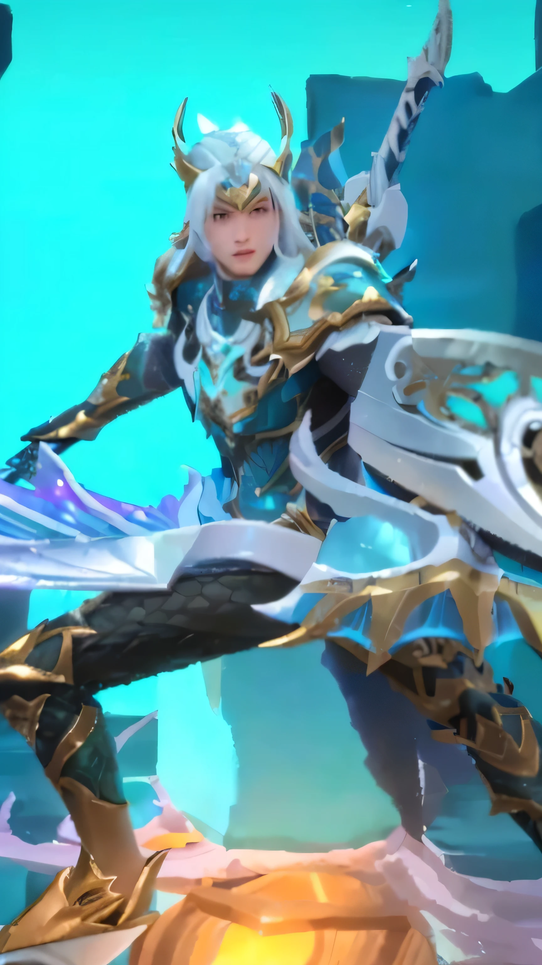 a close up of a person holding a sword in a game, keqing from genshin impact, sliver ice color reflected armor, with leviathan axe, portrait of mermaid warrior, inspired by Huang Shen, heise jinyao, silvery skinned male elf, mystical atlantean valkyrie, zhongli from genshin impact, crystalline skin, male medusa