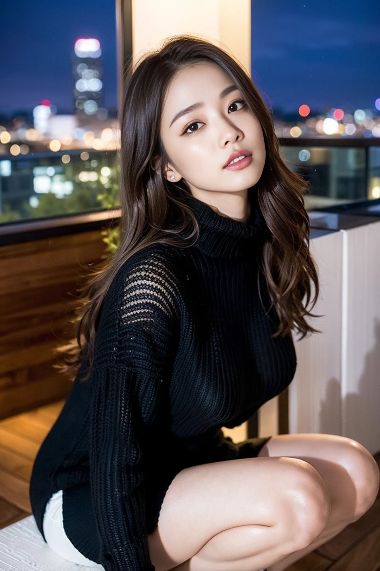 ulzzang -6500-v1.1, (Raw photo:1.2), (Photorealsitic), a beautiful detailed girl, (Real: 1.4), extremely detailed eye and face, ((Knitted dresses、Super realistic black tights))、((Illumination plaza at night:1.2)), selfee, Instagram、game_nffsw, huge filesize, hight resolution, ighly detailed, top-quality, [​masterpiece:1.6], illustratio, ighly detailed, nffsw, finely detail, top-quality, 8k wallpaper, Cinematographic lighting, 1girl in, , perfect body type, cute droopy eyes beautiful big eyes、Pieckfinger, ((masutepiece)), Best Quality, 1girl in, eye shadow,  Portrait, ((FULL BODYSHOT:1.4))、(Very affectionate smile:1.2)、photographed from the back、realistic skin textures、shinny skin、turned around!!!、Exposed thighs!!!