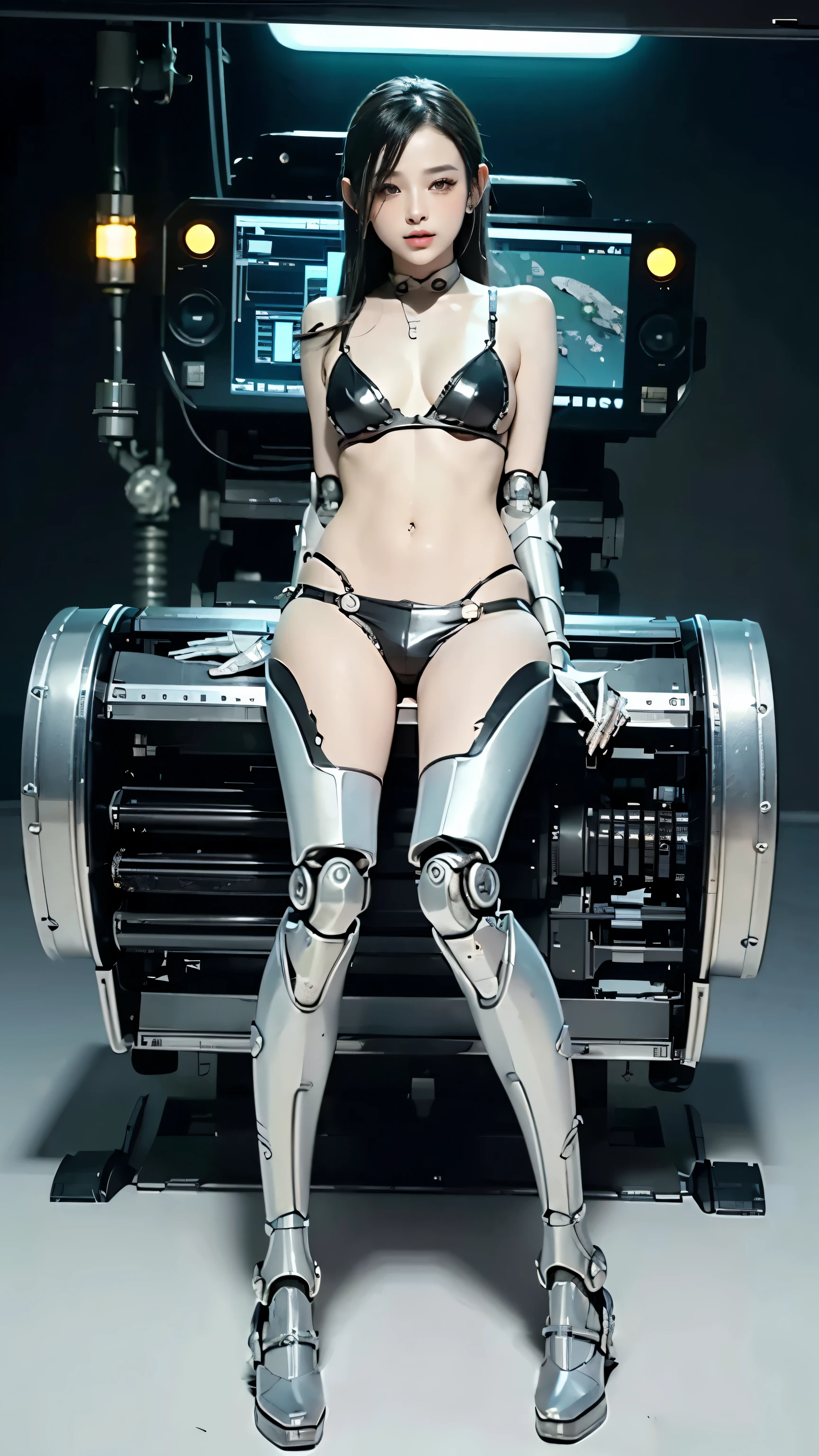 Thaifacemixx, (Photorealsitic:1.4)、((a beauty girl:1.6)), (1 full-body cyborg girl: 1.5), Nipple, , sixteen years old、NOhumans、((top view camera))、((Lots of split metal chest protectors)), Metal Robot、((The whole body is the body of a combat robot))、((Body parts are robot parts:1.8))、((The internal mechanisms of the chest are exposed)), ((Mechanical chest armor with LED indicators and meters)), Robot arms and legs、((Exposed metal skeleton of the abdomen))、Metal skeleton of the cervical region、Under repair、destroyed body、Metal Mechanical Bra、Full Body Metal Skin、Metal bodysuit、Metal scales covering the whole body、body made of metal、Whole body metal、a beauty girl、prosthetic hand、artificial leg、Full body cyborg、Exposed metal skeleton、Asian Beauty、cyberpunked、steampunc、Inside the futuristic space battleship、laboratory、Complex 3d rendering beautiful porcelain profile ultra detailed female type android face、dark brown hair、glowy skin、((super realistic details))、portlate、globalillumination、Shadow、octan render、metals、Details of complex ornaments、Japan details、highly intricate detail、Realistic light、CGSoation Trends、a purple eye、radiant eyes、Facing the camera、neon detailechanical limbs、blood vessels connected to tubeechanical vertebrae attached to the back、mechanical cervical attaching to neck、sitting on、Wires and cables connecting to the head、Gundam、Small LED lamp、​masterpiece、 Metal Robot、body made of metal、Whole body metal、prosthetic hand、artificial leg、Full body cyborg、Exposed metal skeleton、Asian Beauty、cyberpunked、steampunk、Futuristic cities、laboratory、Complex 3d rendering beautiful porcelain profile super detailed female android face、cyborgs、roboticparts、150mm、beautiful studio soft light、Rim Lights、Anatomical、face muscles、cable electric wireicrochips、elegent、beatiful backgrounds、octan render、HR Giger Style、8K、top-quality、​masterpiece、illustratio、extremely delicat , (Charming :1.7) , (silver color tone:1.3)