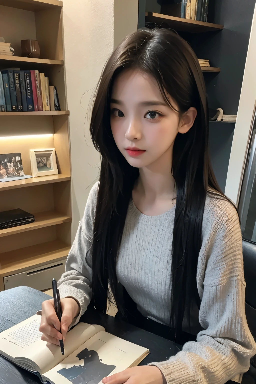 A woman sitting at a table with a book and pen - SeaArt AI