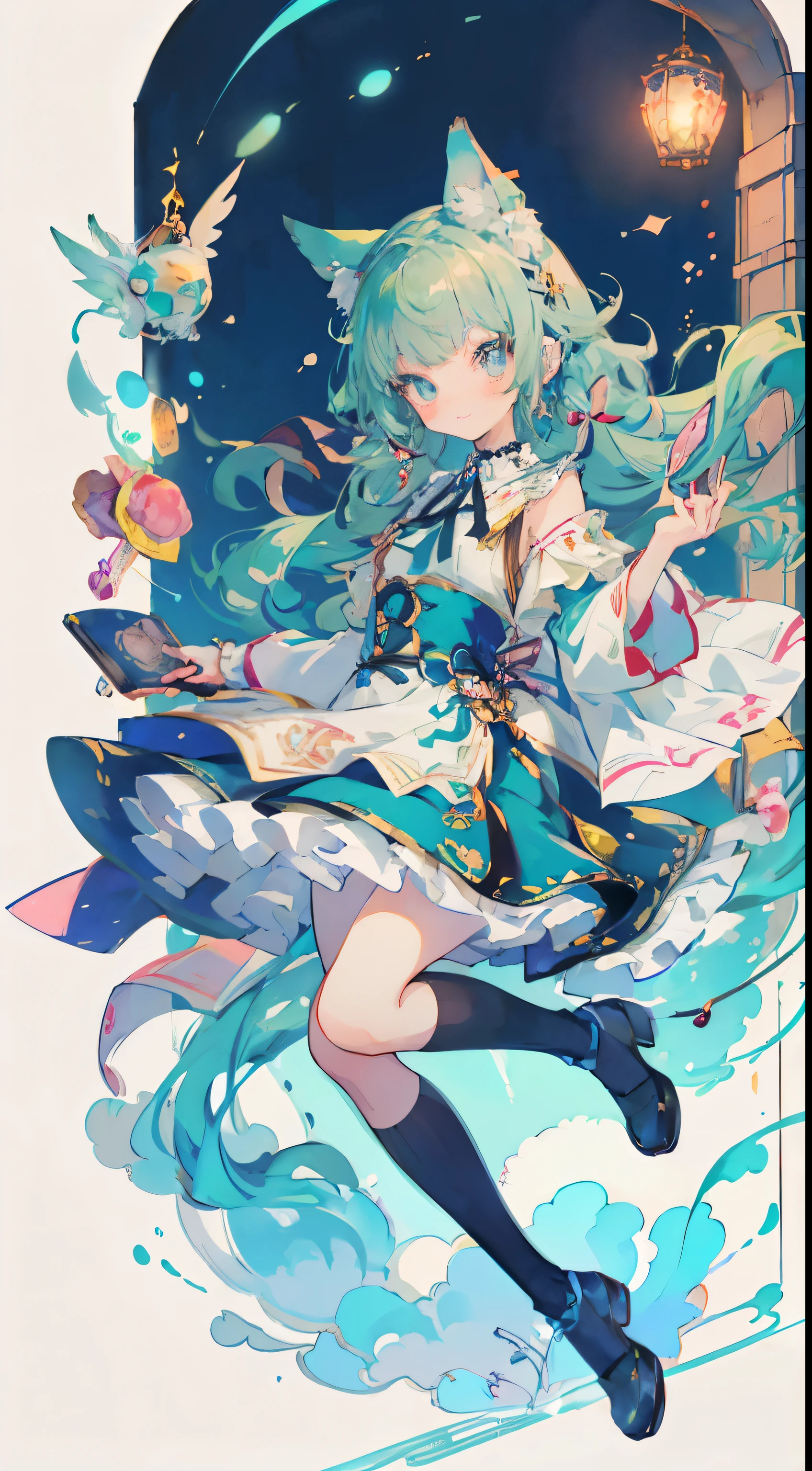 ((Tabletop, highest quality: 1.1), ((Anime girl in a blue dress holding a magic wand)), Art Nouveau、Anime Cat girl wearing a maid costume, , ((Green hairs))、Long-haired person、((Eyes that shine like jewels, Long eyelashes, Transparency))、Very Beautiful Anime Cat girl, anime cat girl, ((White knee-high socks)), Attractive cat girl, I'At the candy store,Inspired by Leiko Ikemura, Takano Aya color style, in ryuuou no oshigoto art style, Cat girl, Someone you admire, rei hiroe、smile