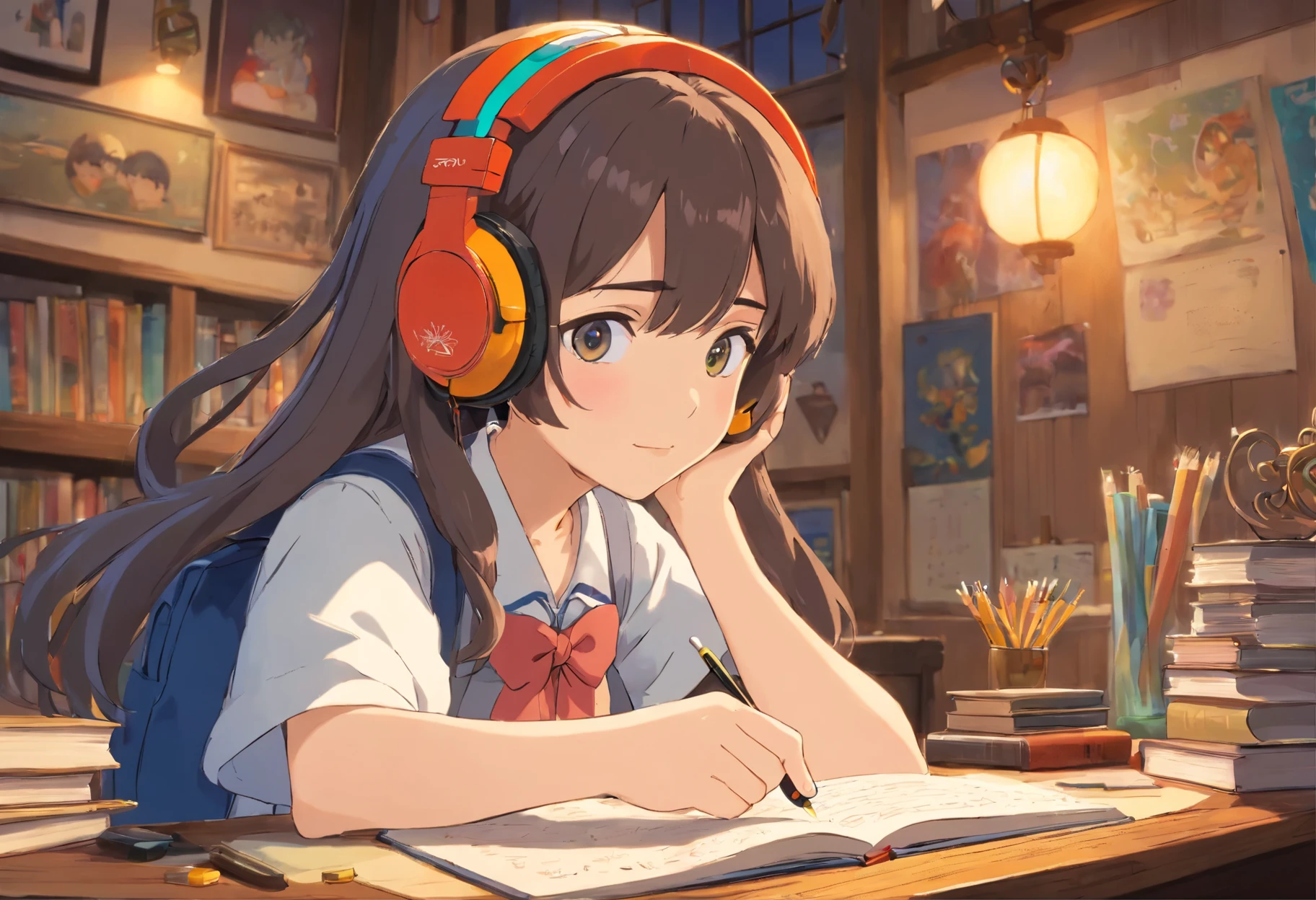 Headphones Studying High School Girl