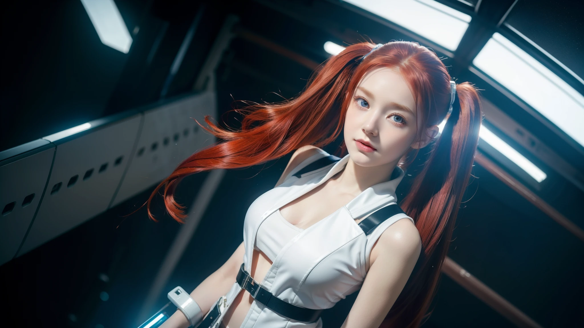 Best Quality, Masterpiece, 8k, RAW (overhead view), ((Cute redhead:1.2)), ribbons in her hair, -yeld wo, happy teenager, excited expression, in twin tails, perfect eyes, clear sparkling blue eyes, pale skin, silky smooth skin, porcelain white skin, wearing futuristic suit vest, standing next to a spaceship, future cyberpunk city buildings background