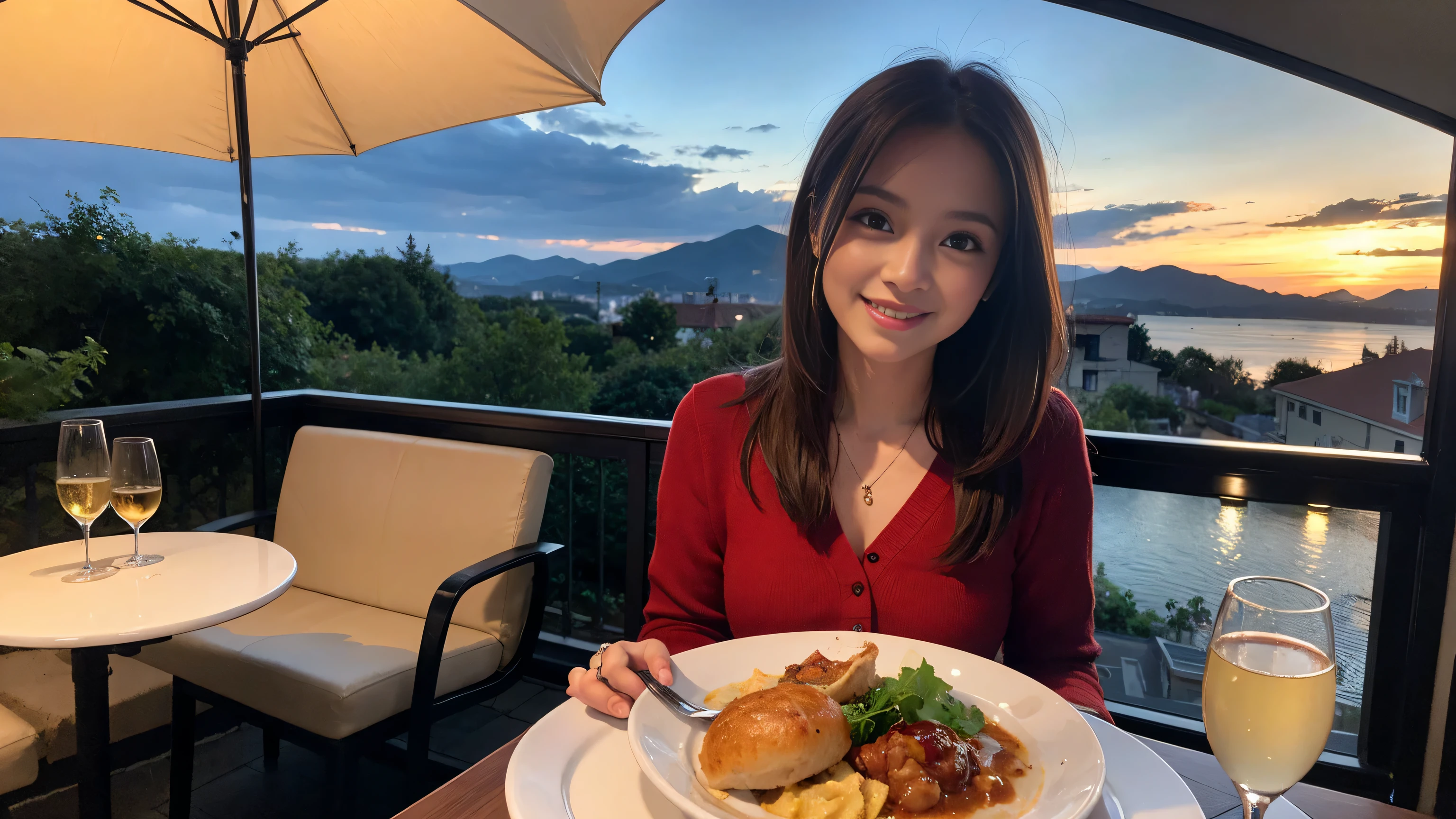 ((highest quality、8k、masterpiece:1.3))、Sharp focus:1.2、Beautiful woman perfect body:1.4、Slim body、((Bob Hale、Straight hair:1.2))、(to be born, highest quality, masterpiece:1.5), (Realistic, Intricate details:1.2), Ultra-high resolution, shine a light on your face、Spectacular view of the sunset sky and clouds、Amazing mountain views、A bright smile、wine glass、red wine 、Appetizer、Italian food、Wine bottle、Champagne、sparkling wine、, Beautiful Face, blue eyes, The light shines on your face, Blushing, short hair,Bright Face、Fox face、 (42 years old), 40 years old, Lady、Two beauties、Brown Hair、Shortcuts、Long sleeve shirt、dress、Pretty Woman 1, (slim face), (The body is slim), (Brown Hair), (Shortcuts), cheeks turn a little red,Attractive beauty、, Out of the window, A beautiful and detailed night view unfolds.........., restaurant, In a prominent place (From the waist up) Nova Frog Style, actress, model, Upper Body, White wine, slim, wine glass, A wine glass placed in the middle, smile, (smile: 1.15), Beautiful fine grain, Depth f/2,saturation, High Contrast, Strong light and shadow,Moist Body:1.5、3D texture、Delicate eyes、Brown Hair、The hair is very shiny、