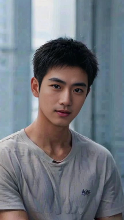(((male))), 36 years old, young japanese, HD, True-to-life imagery, Upper body composition, The face is illuminated, Black short straight hair, Sharp eyebrows, Squinting,With a hint of cunning, Pointed nose, Thin lips smile, Wearing a light blue round-neck T-shirt,Roll up your sleeves,, Background is a modern office environment,