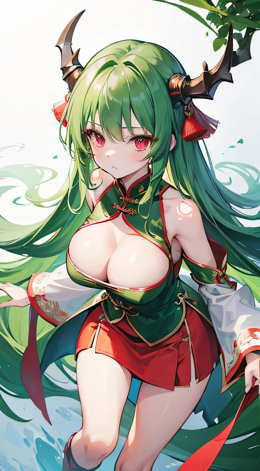 high quality, masterpiece, Very detailed,Long Hair, Beautiful girl,Green Hair,Red eyes,Chinese Costume,Short skirt,Dragon's Tsunoda,Dragon,Embarrassing,View from above,Large Breasts