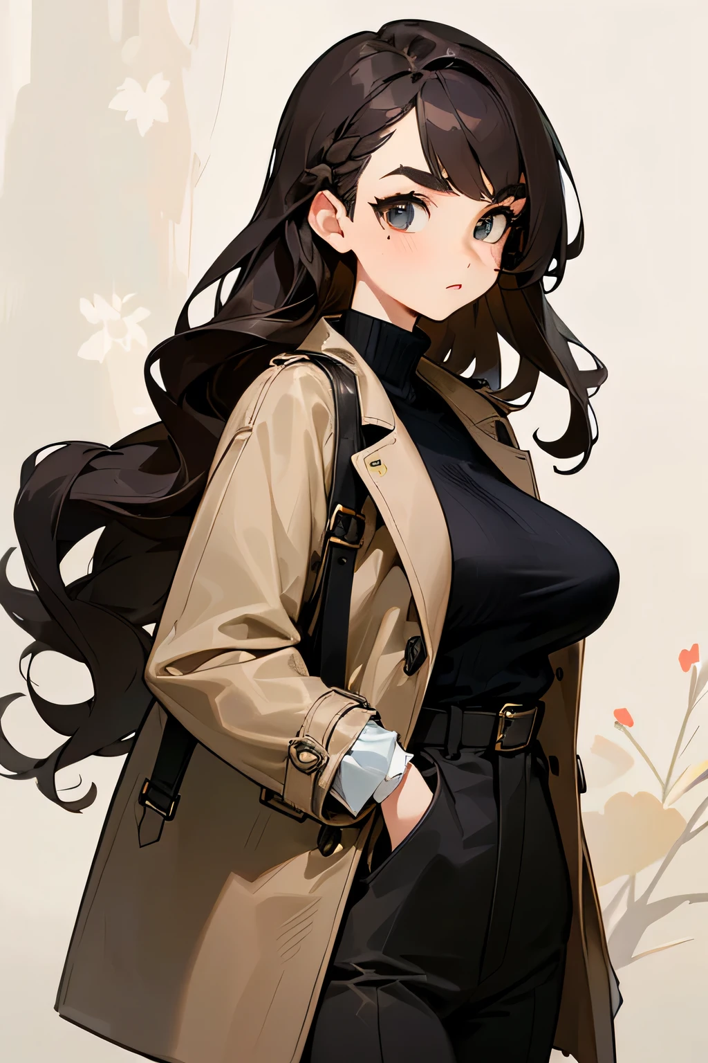 highest quality、High resolution、Detailed Background、(Beautiful face in every detail:1.4)、Anatomically correct、(Draw the usual number of fingers:1.2)、(Detailed facial expressions)、(Detailed eyes:1.2)、(Detailed eyes:1.2)、Beautiful, smooth skin、Beautiful women in their 20s、(Huge breasts:1.2)、(Highly detailed face:1.4)、Brown Hair、Black Hair、Braided long hair、Wavy Hairstyle、Cute hairstyle、well-groomed eyebrows、Perfect body line、Calm atmosphere、Express yourself with confidence、cute gesture、He looks at me with a very trusting expression.、Outdoor Shot、Cowboy Shot、
Pair a neutral turtleneck sweater with tapered pants.、
Wear a trench coat with sharp lines、Gives off an urban vibe、
Pair it with minimalist accessories and bags.、Gives a modern impression、
Wear sneakers or ankle boots、Combines casual and sophisticated style、
Choose a midi-length floral dresark the waist with a belt、Tightens the silhouette、
By putting on a cardigan in a calm tone、Adds elegance、
Match it with a bag and pumps in a neutral color.、Putting it all together、very beautiful