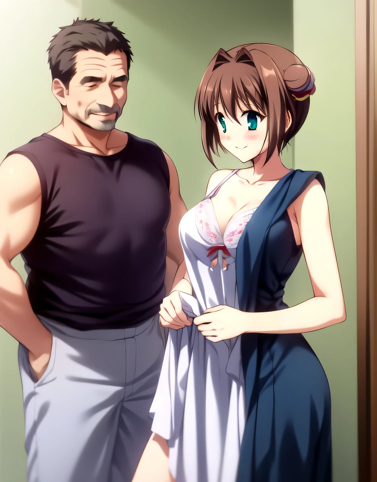 asakura_yume,Brown Hair,Medium Chest,Aqua Eye,White skin,(((,１Man Middle Aged Man))),((Hotel Rooms)),((Are standing)),smile,((Breast augmentation)),(((Navy blue_Camisole long dress_Knee-length))),((valley)),No bra,smile,(((Yume Asakura and a middle-aged man are in the room.))),