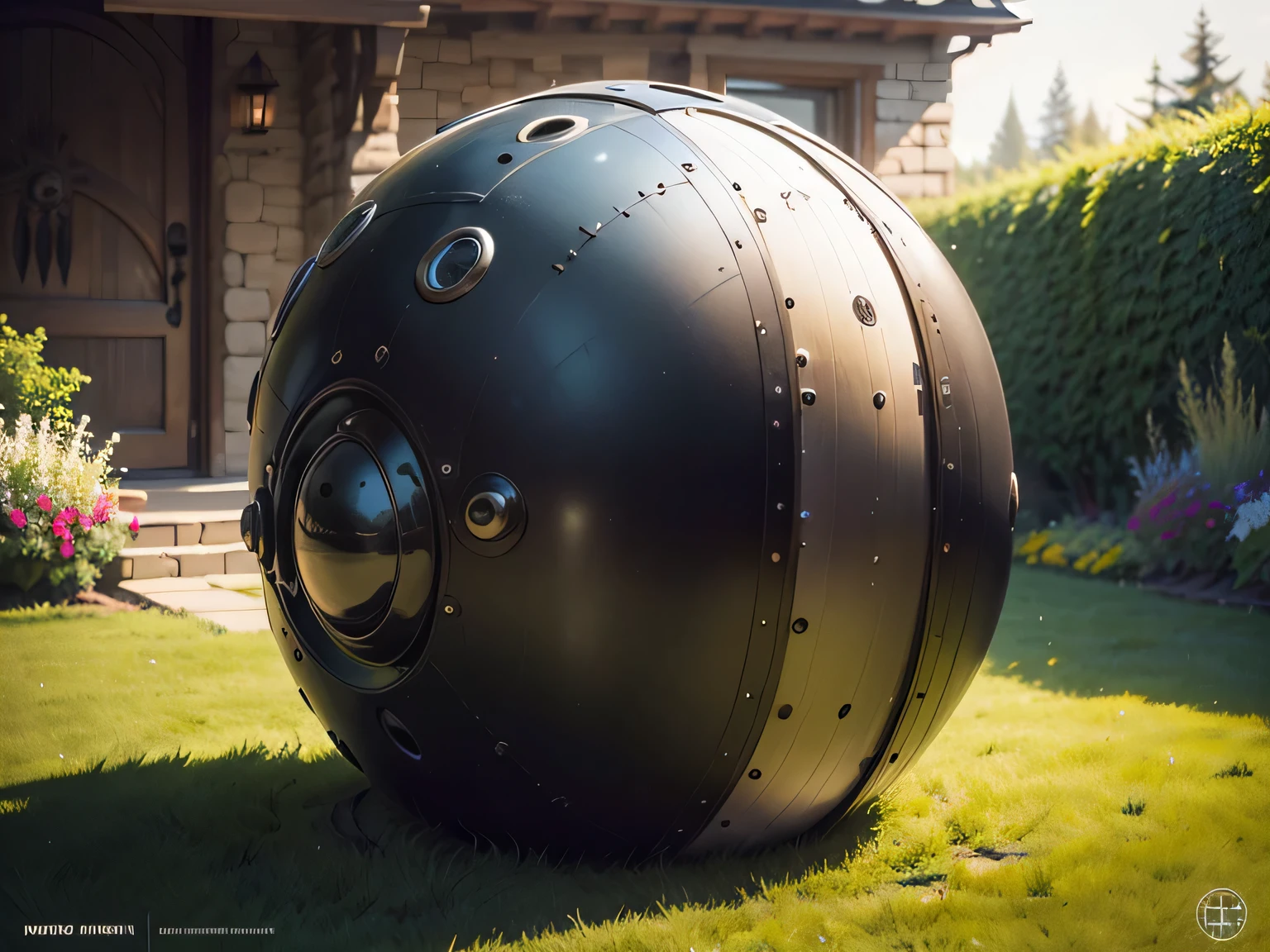 On the lawn，A round iron ball，Black，There is an iron door on top，Looks sci-fi，daytime