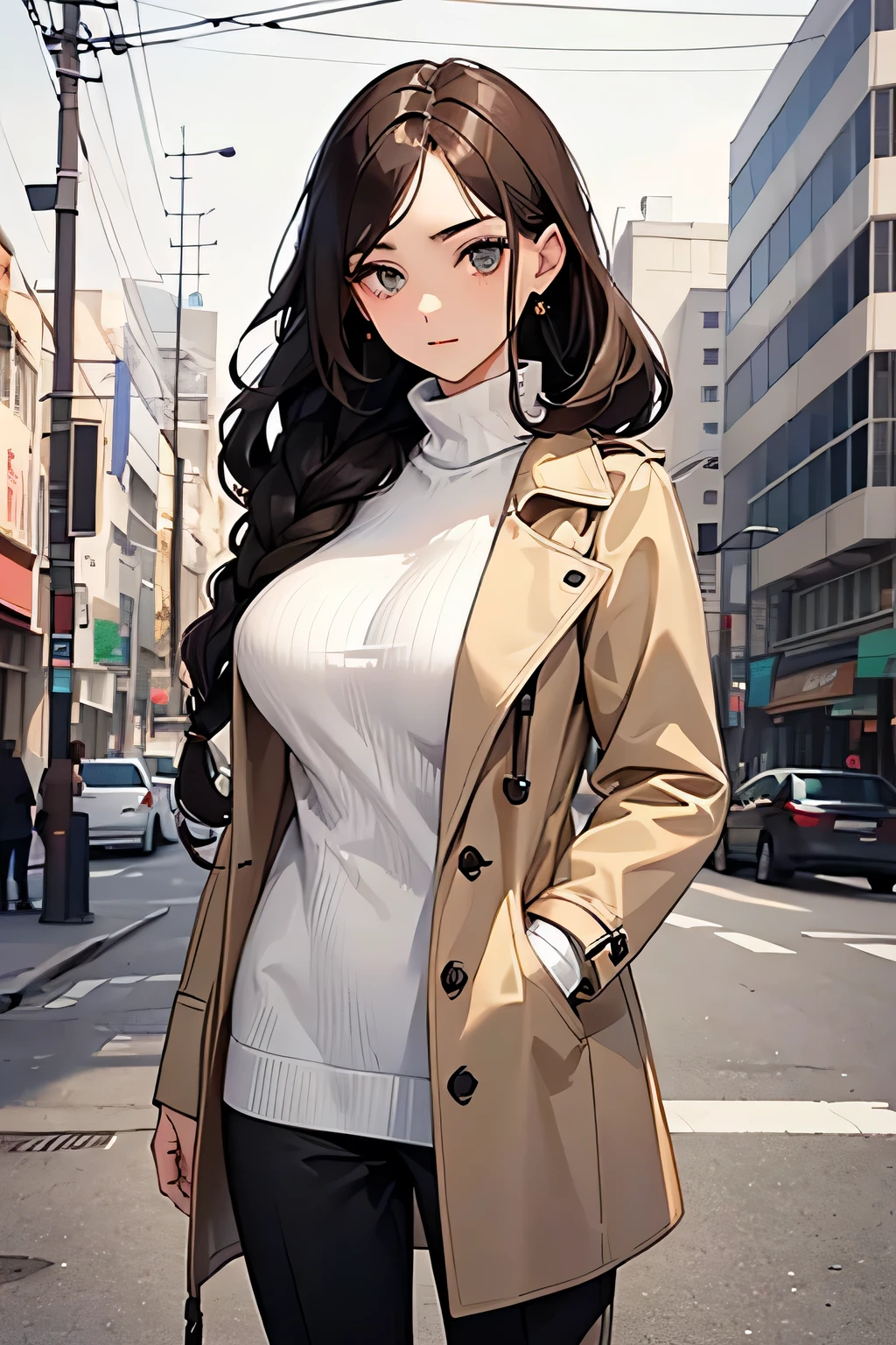 highest quality、High resolution、Detailed Background、(Beautiful face in every detail:1.4)、Anatomically correct、(Draw the usual number of fingers:1.2)、(Detailed facial expressions)、(Detailed eyes:1.2)、(Detailed eyes:1.2)、Beautiful, smooth skin、Beautiful women in their 20s、(Huge breasts:1.2)、(Highly detailed face:1.4)、Brown Hair、Black Hair、Braided long hair、Wavy Hairstyle、Cute hairstyle、well-groomed eyebrows、Perfect body line、Calm atmosphere、Express yourself with confidence、cute gesture、He looks at me with a very trusting expression.、Outdoor Shot、Cowboy Shot、
Pair a neutral turtleneck sweater with tapered pants.、
Wear a trench coat with sharp lines、Gives off an urban vibe、
Pair it with minimalist accessories and bags.、Gives a modern impression、
Wear sneakers or ankle boots、Combines casual and sophisticated style、very beautiful