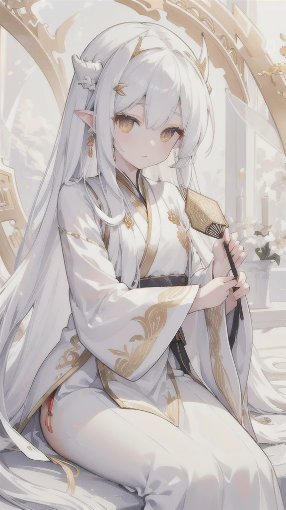 (best quality, highres, ultra-detailed:1.2), beautiful long white hair, stunning golden eyes, silver Hanfu armor, intricately designed white folding fan, white dragon horns, ethereal lighting, soft color palette