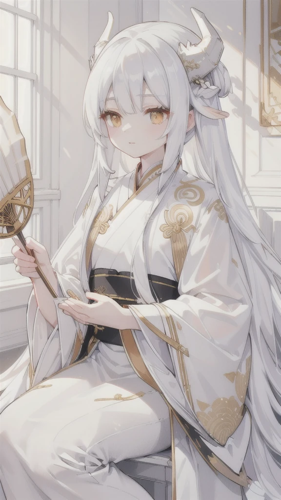 (best quality, highres, ultra-detailed:1.2), beautiful long white hair, stunning golden eyes, silver Hanfu armor, intricately designed white folding fan, white dragon horns, ethereal lighting, soft color palette