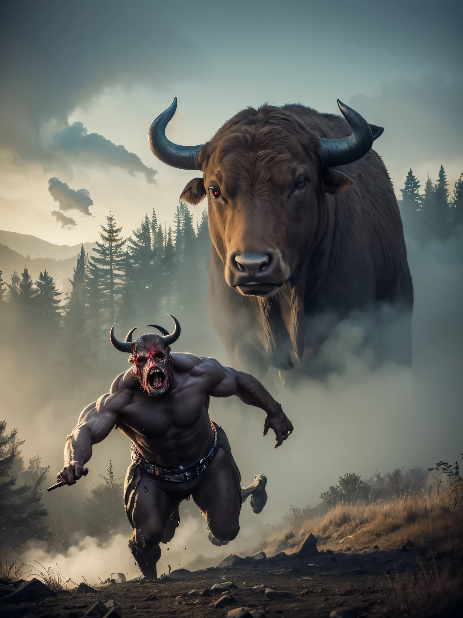 realistic,large minotaur standing tall,in a dark,ancient labyrinth,ominous atmosphere,muscular and intimidating,large sharp horns,beast-like eyes,thick fur covering the body,bulging muscles,standing on two strong hooves,dramatic shadows highlighting the powerful physique,ominous red lighting illuminating the scene,dust particles floating in the air,crumbling stone walls covered in ancient hieroglyphs and moss,echoing sounds of distant growls and heavy breathing,an eerie silence broken only by the deep low rumble of the minotaur's footsteps