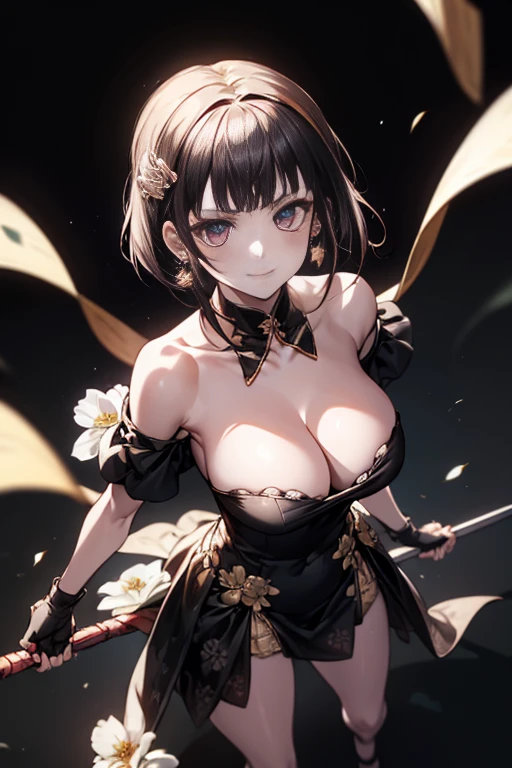 yor briar, anime style beutiful woman, 1girl,full body, happy, smile, red face, closed mouth, beautiful detailed eyes, super detailed skin, backlighting, bare shoulders, black background, black dress, black gloves, black hair, breasts, dress, earrings, fingerless gloves, floating hair, floral print, flower, gloves, gold earrings, gold hairband, hair flower, hair ornament, hairband, holding, holding weapon, jewelry, large breasts, long hair, looking at viewer, off-shoulder dress, off shoulder,red eyes, short hair with long locks, sidelocks, solo, spikes, thighs, two-sided dress, two-sided fabric, weapon, fighting stance , face, close up, from above, highest quality, high resolution.