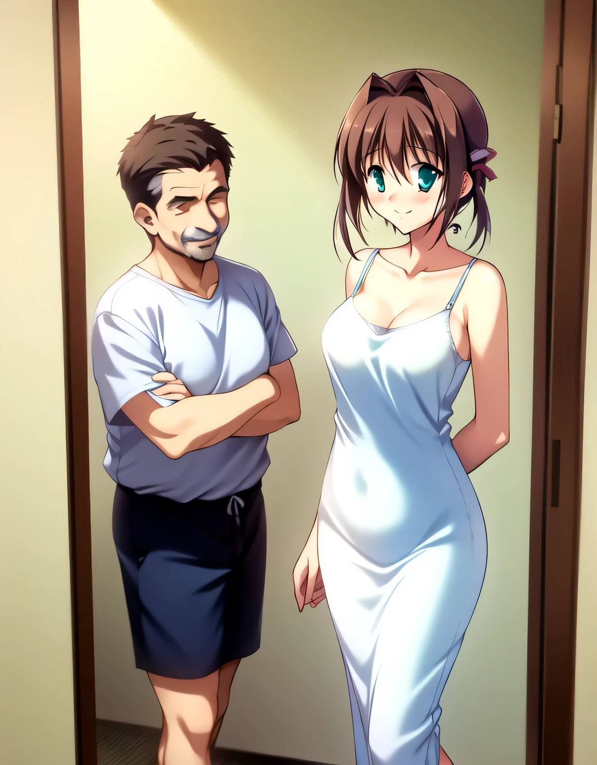 asakura_yume,Brown Hair,Medium Chest,Aqua Eye,White skin,(((,１Man Middle Aged Man))),((Hotel Rooms)),((Are standing)),smile,((Breast augmentation)),(((Navy blue_Camisole long dress_Knee-length))),((valley)),No bra,smile,(((Yume Asakura and a middle-aged man are in the room.))),