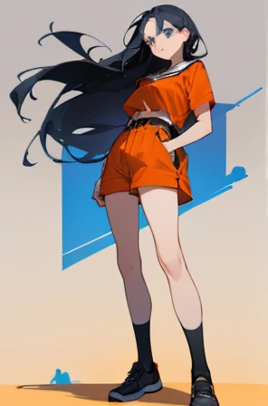 • a female teacher, 
-description: 
  >Long hed hair, 
  >Blue eyes, 
  >1,60 cm tall, 
  >32years old, 
-wearing: 
  >Orange shirt, 
  >bown shorts,
  >black shoes and white socks.
-image background: 
  >school building, 
  >in the background,