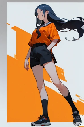 • a female teacher, 
-description: 
  >Long hed hair, 
  >Blue eyes, 
  >1,60 cm tall, 
  >32years old, 
-wearing: 
  >Orange shirt, 
  >bown shorts,
  >black shoes and white socks.
-image background: 
  >school building, 
  >in the background,