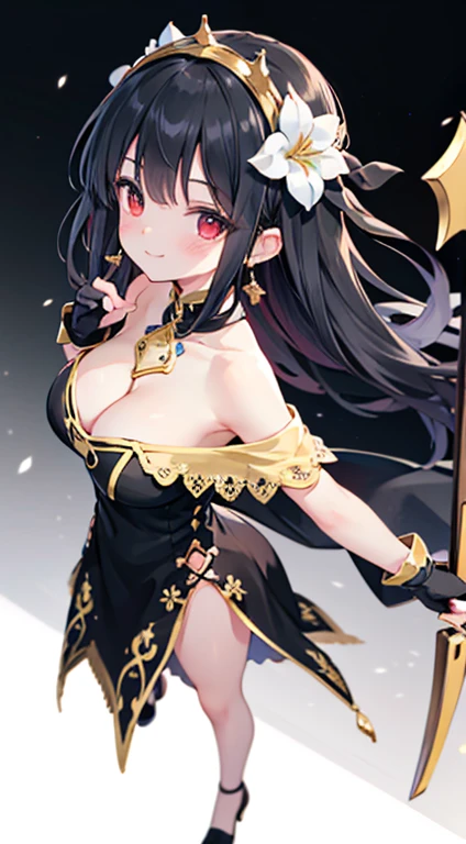 yor briar, anime style beutiful woman, 1girl,full body, happy, smile, red face, closed mouth, beautiful detailed eyes, super detailed skin, backlighting, bare shoulders, black background, black dress, black gloves, black hair, breasts, dress, earrings, fingerless gloves, floating hair, floral print, flower, gloves, gold earrings, gold hairband, hair flower, hair ornament, hairband, holding, holding weapon, jewelry, large breasts, long hair, looking at viewer, off-shoulder dress, off shoulder,red eyes, short hair with long locks, sidelocks, solo, spikes, thighs, two-sided dress, two-sided fabric, weapon, fighting stance , face, close up, from above, highest quality, high resolution.