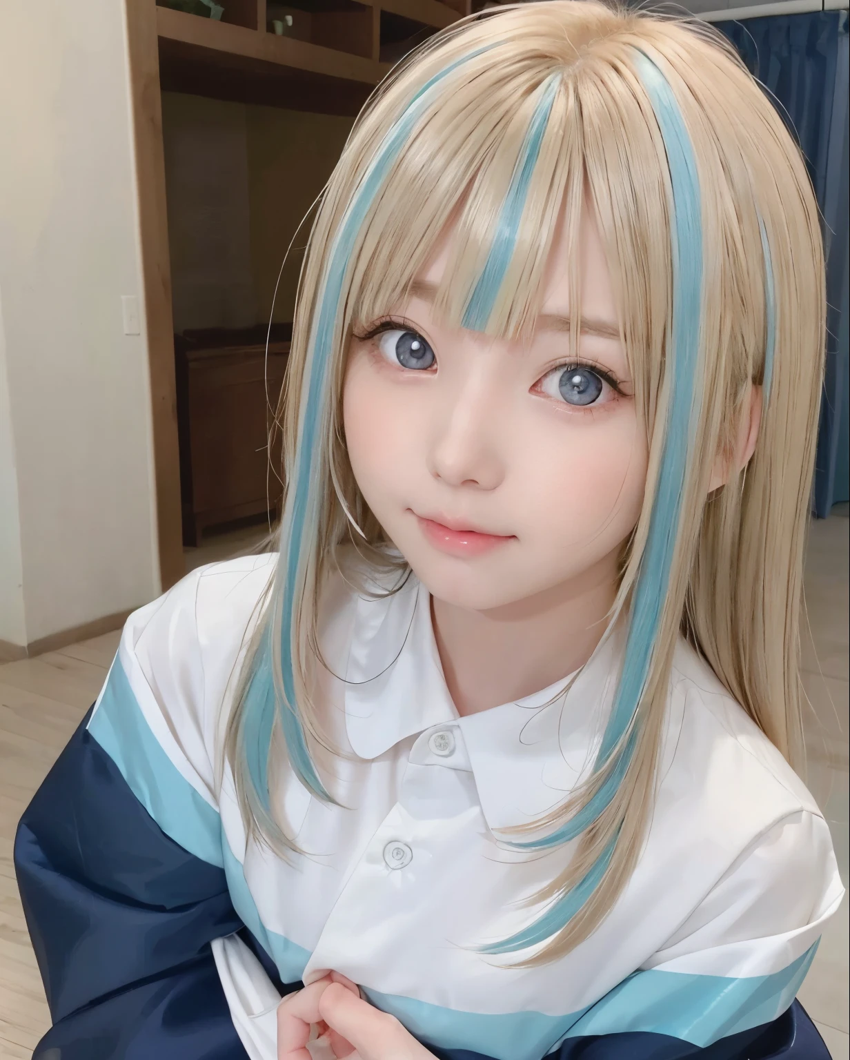 Very beautiful face、Super long silky blonde hair、Swaying bangs、************ cute 、 (Eyes with different colors on the left and right:1.5)、A neat and very cute beautiful girl、Pure white beautiful skin、young skin shiny on the cheeks,、School Uniforms、a sailor suit、bright expression、Back view