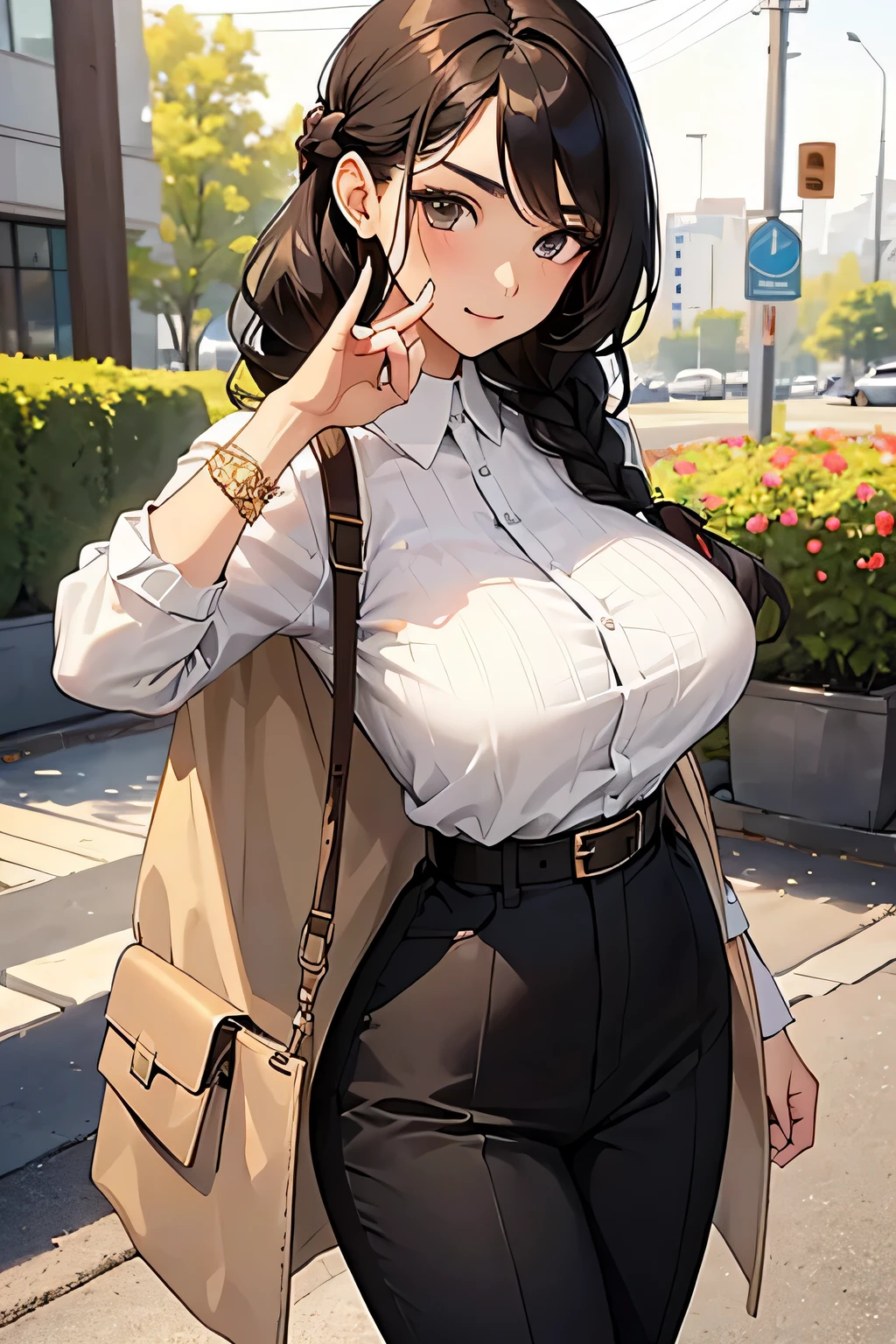 highest quality、High resolution、Detailed Background、(Beautiful face in every detail:1.4)、Anatomically correct、(Draw the usual number of fingers:1.2)、(Detailed facial expressions)、(Detailed eyes:1.2)、(Detailed eyes:1.2)、Beautiful, smooth skin、Beautiful women in their 20s、(Huge breasts:1.2)、(Highly detailed face:1.4)、Brown Hair、Black Hair、Braided long hair、Wavy Hairstyle、Cute hairstyle、well-groomed eyebrows、Perfect body line、Calm atmosphere、Express yourself with confidence、cute gesture、He looks at me with a very trusting expression.、Outdoor Shot、Cowboy Shot、
Pair it with a black tailored jacket and wide leg trousers、
Choose a simple white blouse、Creates a sense of cleanliness、
Choose gold or silver accessories、Gives a simple and sophisticated impression、
Wear black heeled pumps or boots、Tightens the whole、
Choose a midi-length floral dresark the waist with a belt、Tightens the silhouette、
By putting on a cardigan in a calm tone、Adds elegance、
Match it with a bag and pumps in a neutral color.、Putting it all together、very beautiful