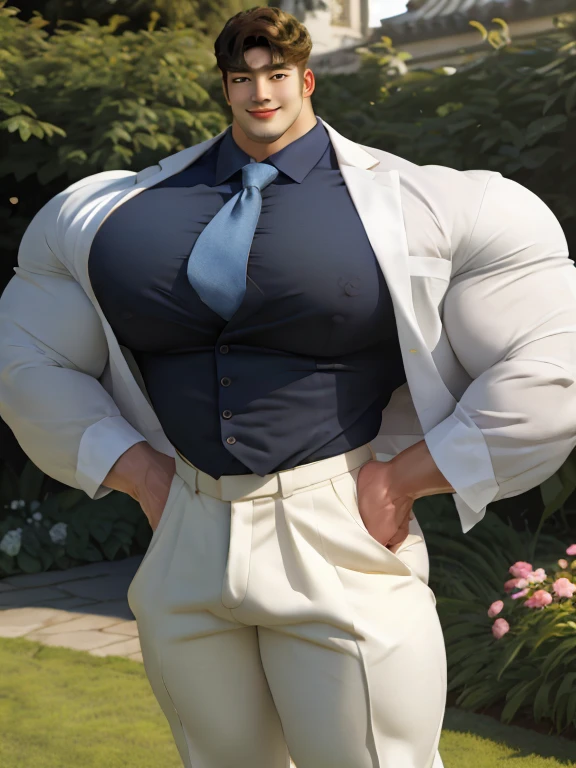 1boy korean male, (korean man with k-pop idol look), giant, model shoot style, looking at viewer, standing, strong body, standing, in the garden, formal suit & pants, prominent large bulge, brutalmass, detailed face, heavy muscular, stubble, photo real, big, brutalmass, giant, muscular body, bulk, massive body, large size, smile, illuminating light, golden hour, outdoor