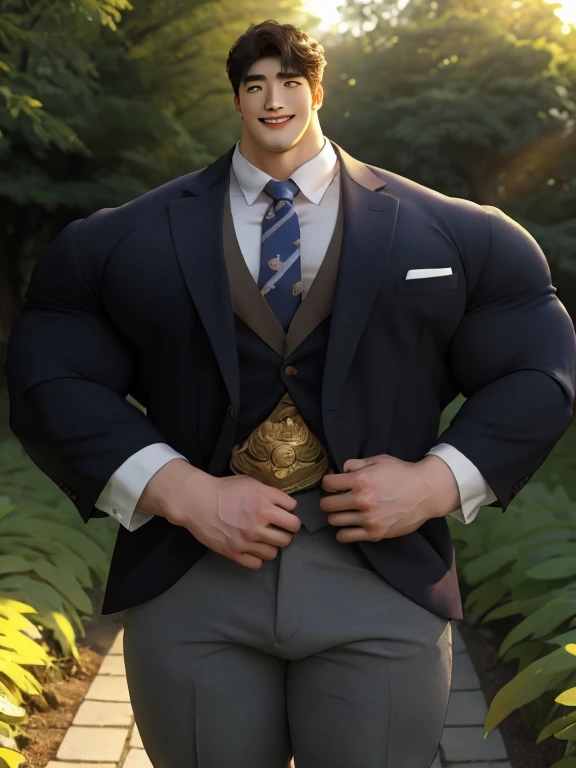 1boy korean male, (korean man with k-pop idol look), giant, model shoot style, looking at viewer, standing, strong body, standing, in the garden, formal suit & pants, prominent large bulge, brutalmass, detailed face, heavy muscular, stubble, photo real, big, brutalmass, giant, muscular body, bulk, massive body, large size, smile, illuminating light, golden hour, outdoor