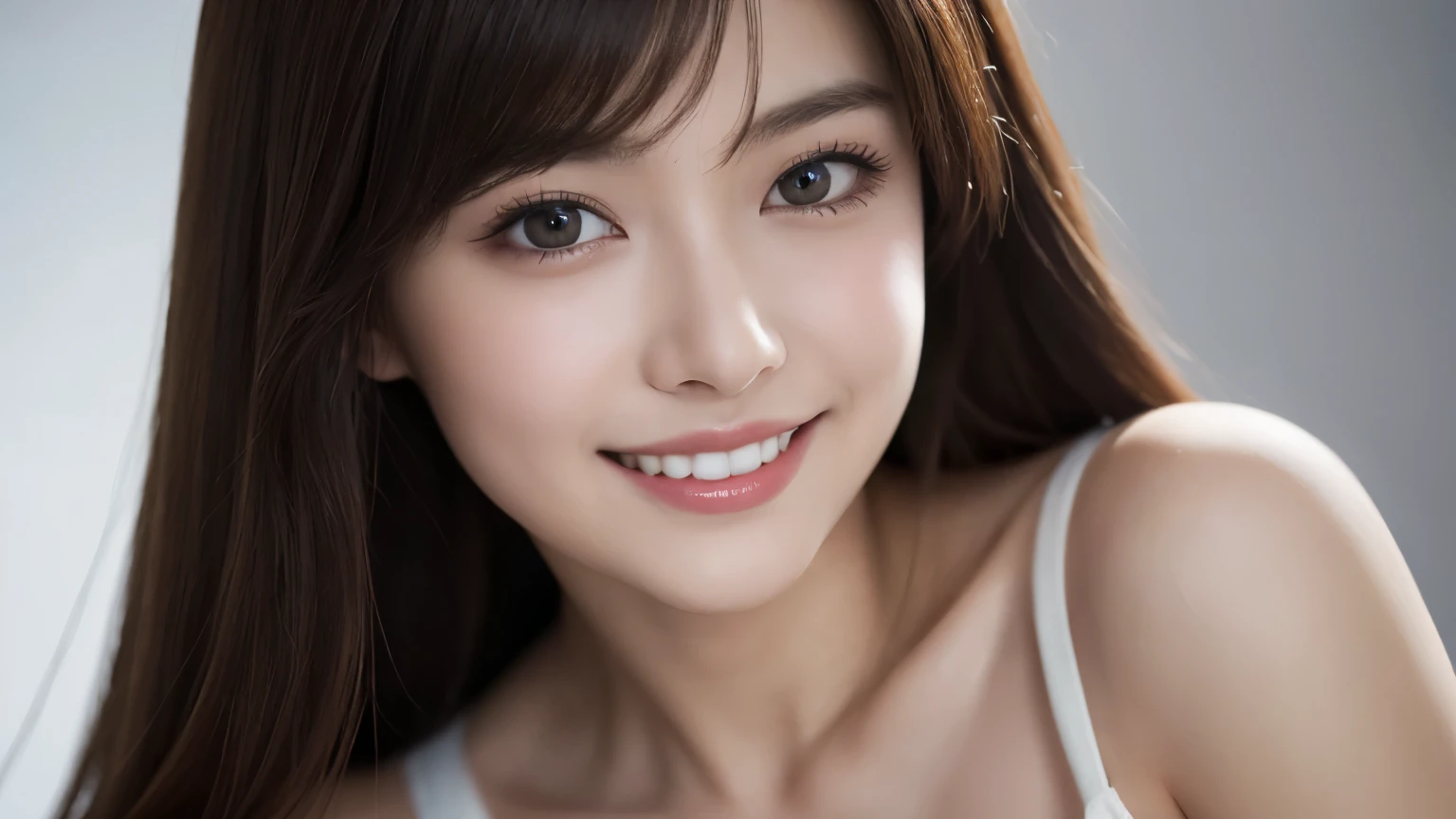 One Girl, (Dress in trendy fashion:1.2), (RAW Photos, highest quality), (Realistic, Photorealistic:1.4), Tabletop, Very delicate and beautiful, Very detailed, 2k wallpaper, wonderful, In detail, Very detailedな CG Unity 8K 壁紙, Very detailedな, High resolution, Soft Light, Beautiful detailed girl, looking at the camera、Very detailedな目と顔, Beautifully detailed nose, Beautiful fine details, Long Hair, small, Light black dress、White background、Background is white、Cinema Lighting, Perfect Anatomy, Slender body, smile,