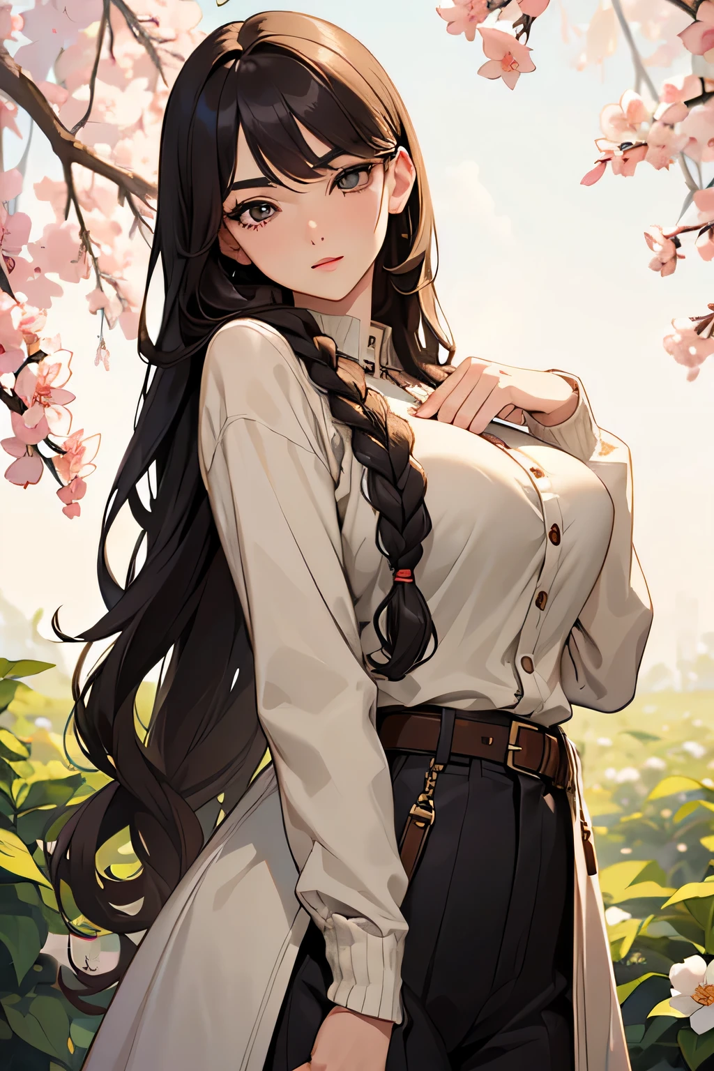 highest quality、High resolution、Detailed Background、(Beautiful face in every detail:1.4)、Anatomically correct、(Draw the usual number of fingers:1.2)、(Detailed facial expressions)、(Detailed eyes:1.2)、(Detailed eyes:1.2)、Beautiful, smooth skin、Beautiful women in their 20s、(Huge breasts:1.2)、(Highly detailed face:1.4)、Brown Hair、Black Hair、Braided long hair、Wavy Hairstyle、Cute hairstyle、well-groomed eyebrows、Perfect body line、Calm atmosphere、Express yourself with confidence、cute gesture、He looks at me with a very trusting expression.、Outdoor Shot、Cowboy Shot、
Choose a midi-length floral dresark the waist with a belt、Tightens the silhouette、
By putting on a cardigan in a calm tone、Adds elegance、
Match it with a bag and pumps in a neutral color.、Putting it all together、very beautiful